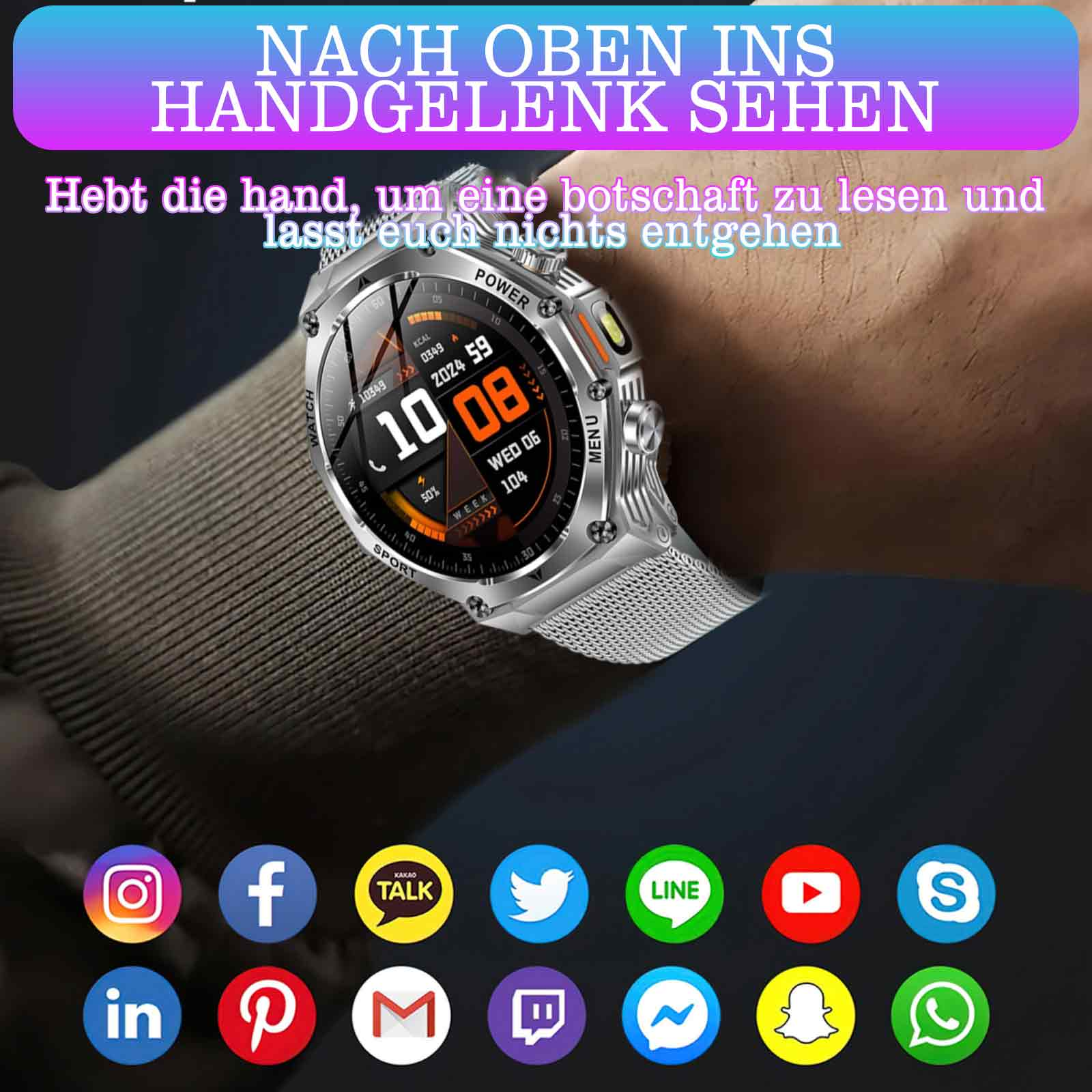 Die Hand einer Person, die eine Smartwatch trägt. Social-Media-App-Symbole werden im Hintergrund angezeigt.