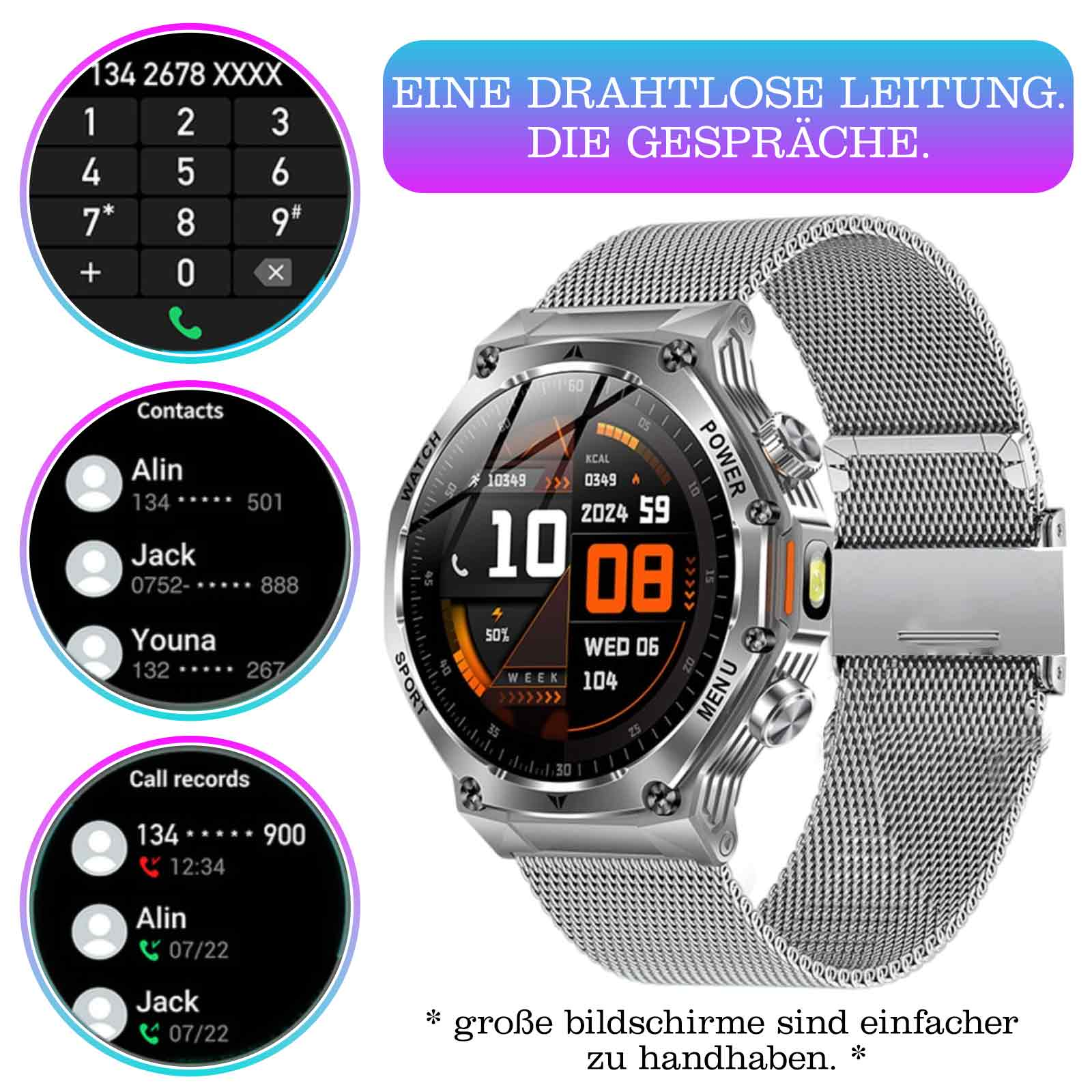 Eine Smartwatch zeigt ein Wählfeld, Kontakte und Anrufaufzeichnungen. Ein Telefon befindet sich im Hintergrund.