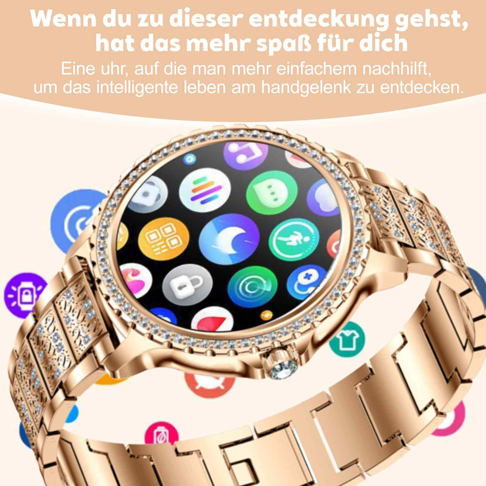Eine goldene Smartwatch mit detailliertem Display und diamantartigen Verzierungen am Armband.
