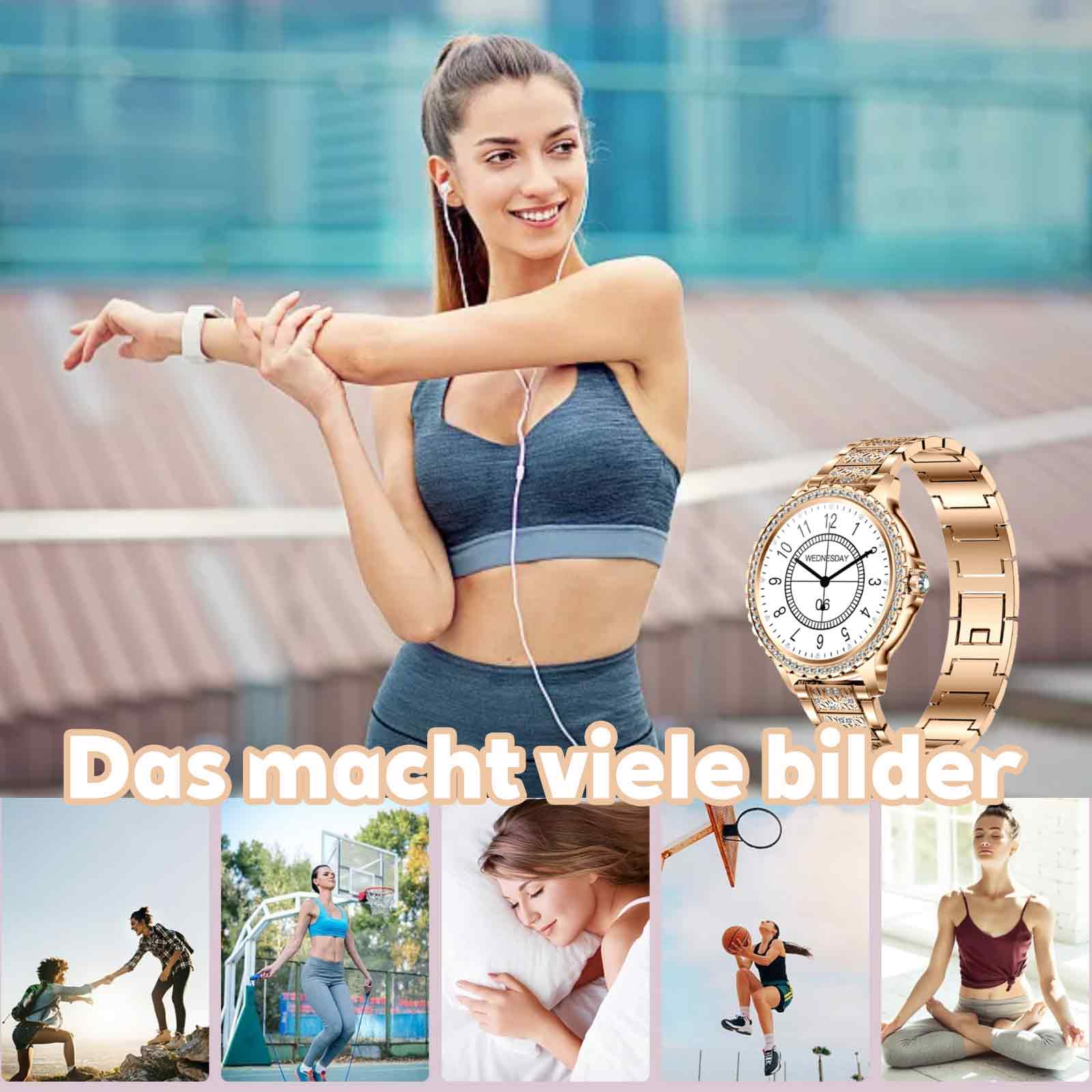 Frau dehnt sich, trägt eine goldene Smartwatch. Fünf Aktionsbilder zeigen verschiedene Aktivitäten mit einer goldenen Uhr.