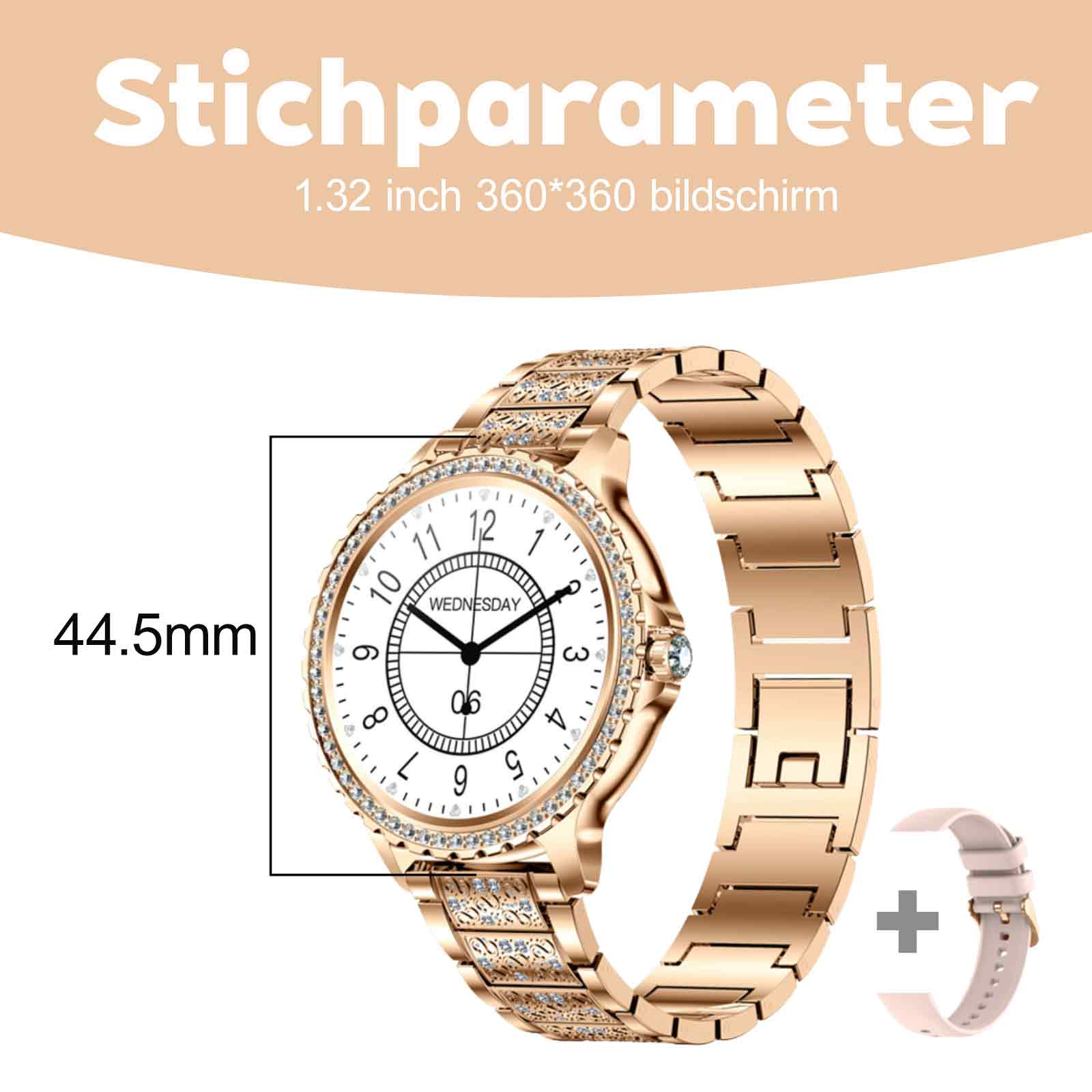 Goldene Smartwatch mit Abmessungen. Zeigt: Bildschirmgröße 1,32 Zoll, 360*360 Bildschirm und 44,5 mm Breite und ein zusätzliches Armband.