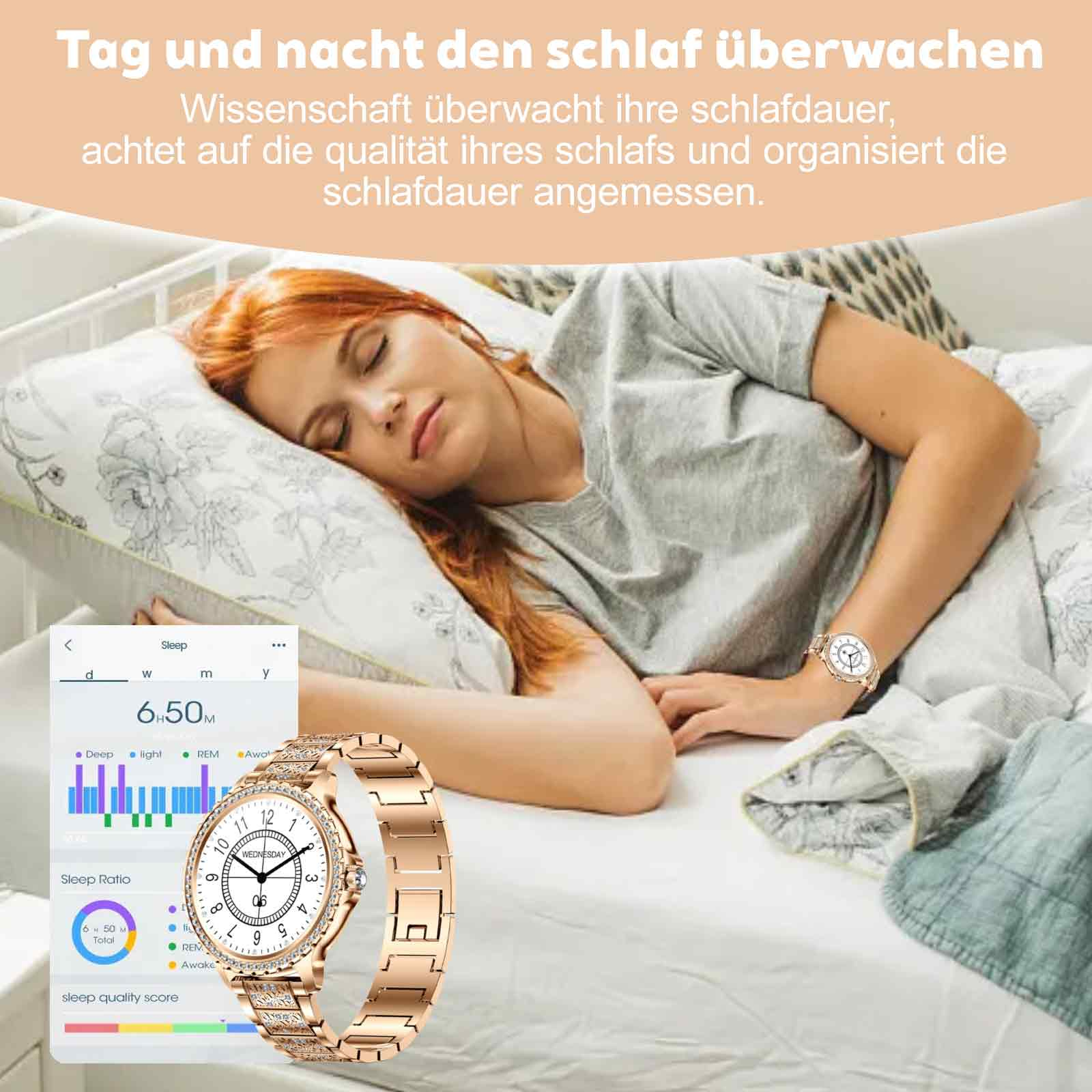Schlafende Frau mit Smartwatch am Handgelenk, die Schlafdaten und eine detaillierte Anzeige zeigt.
