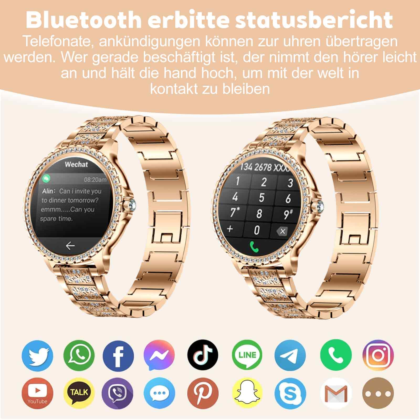Zwei goldene Smartwatches, die Nachrichten und eine Telefonwählschnittstelle mit Social-Media-Symbolen unten anzeigen.