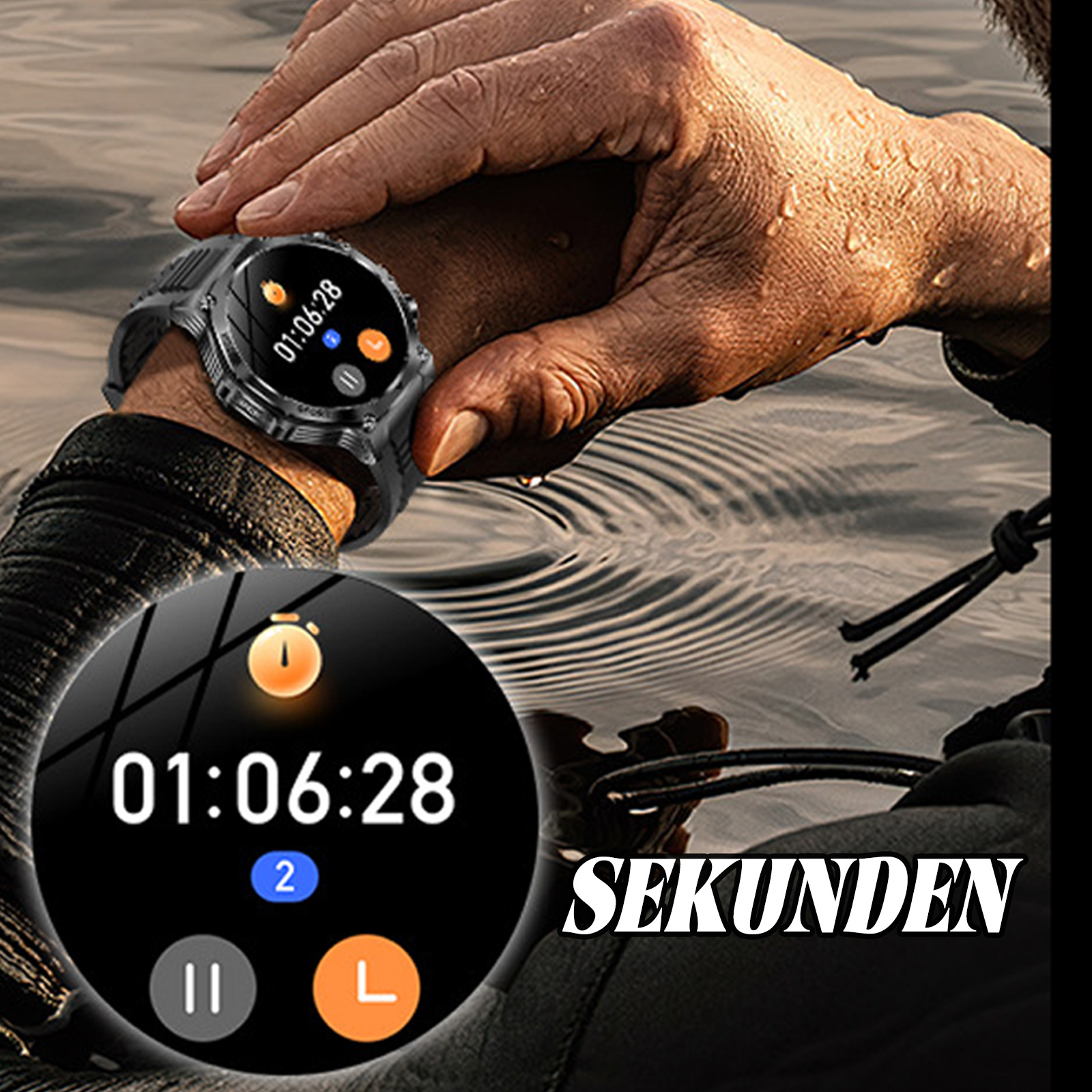 Nahaufnahme einer Hand mit Smartwatch, die Zeit und Funktionen anzeigt.
