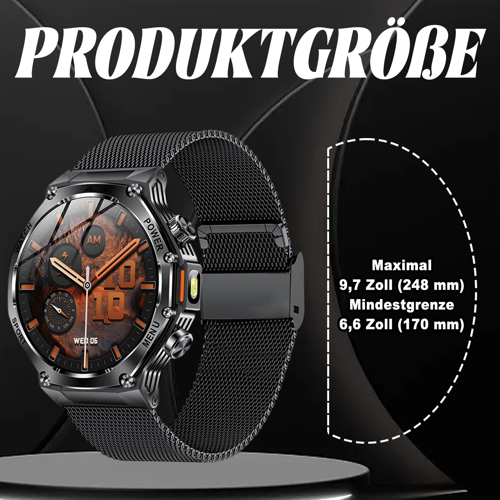 Schwarze Smartwatch mit Display und Mesh-Armband, mit Größenangaben in mm und Zoll.