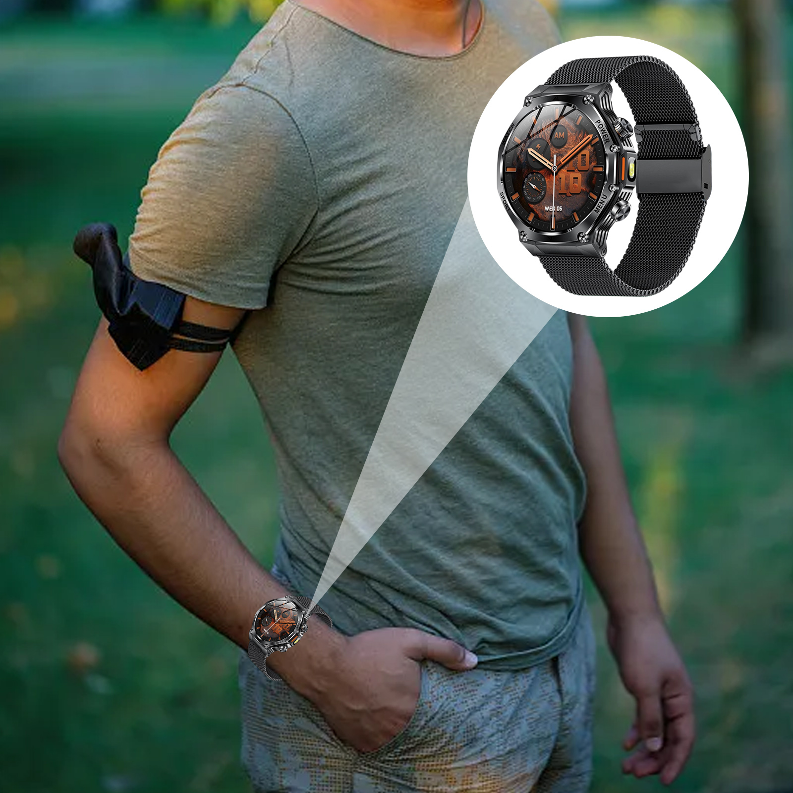 Mann trägt grünes Hemd mit Smartwatch. Die Uhr ist schwarz mit orangefarbenen Akzenten.