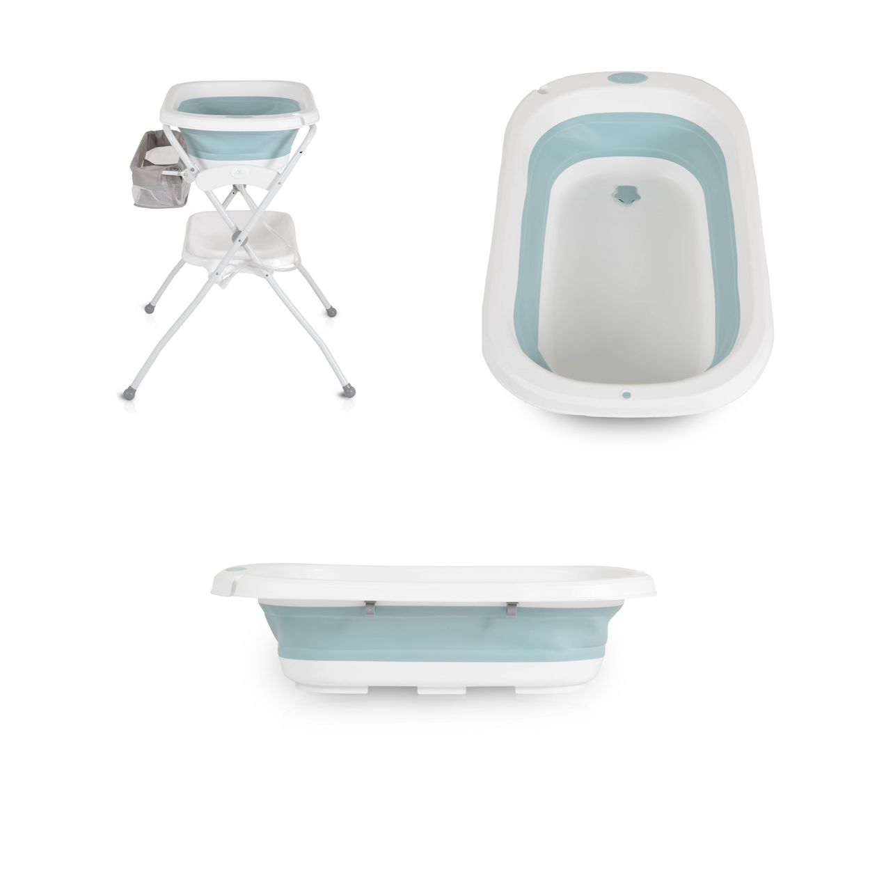 Drei Ansichten einer Babybadewanne, mit Ständer und Zubehör.