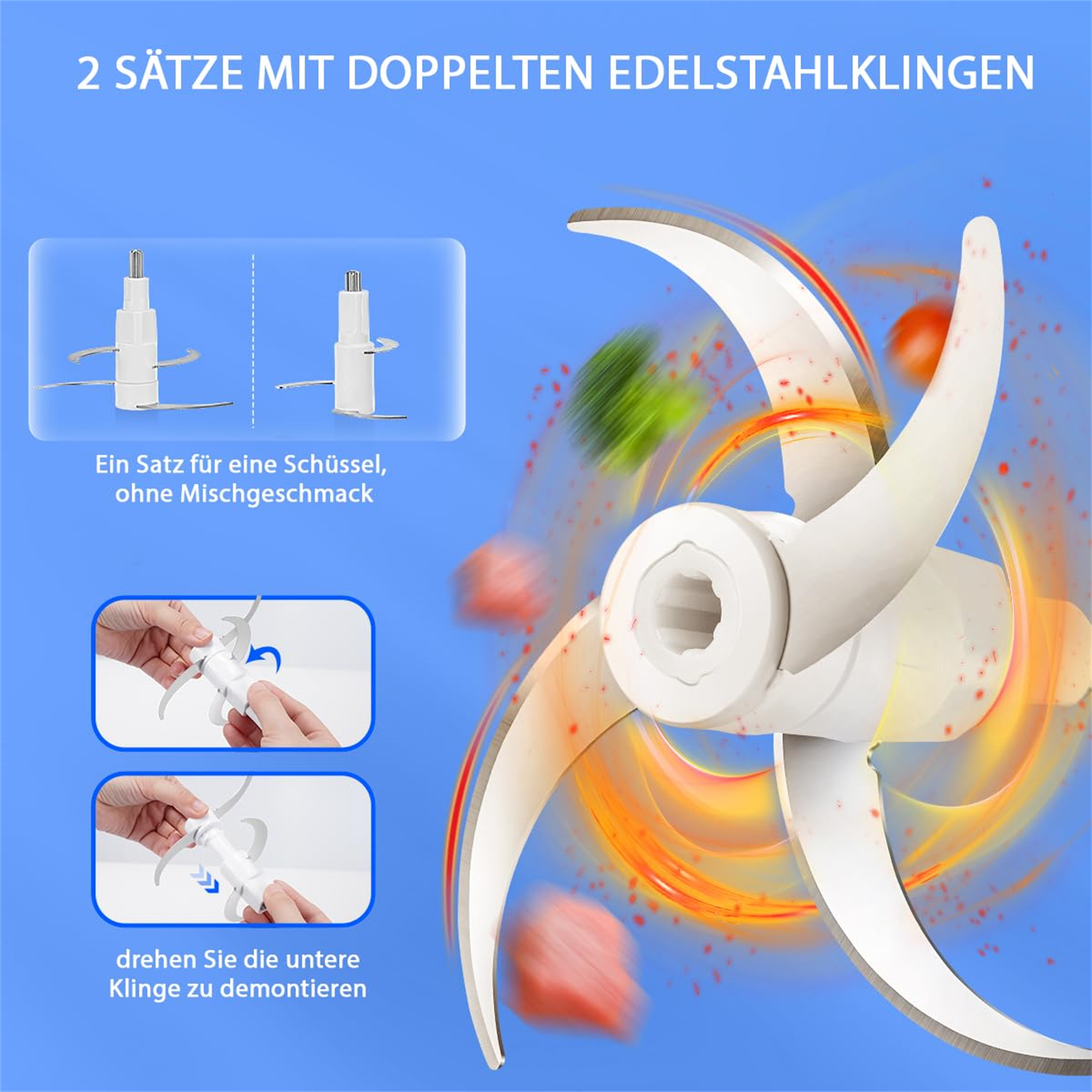 Ein Zerkleinerer mit Klingen, Nahaufnahme der Klingen und Anweisungen zum Zusammenbau und zur Verwendung.