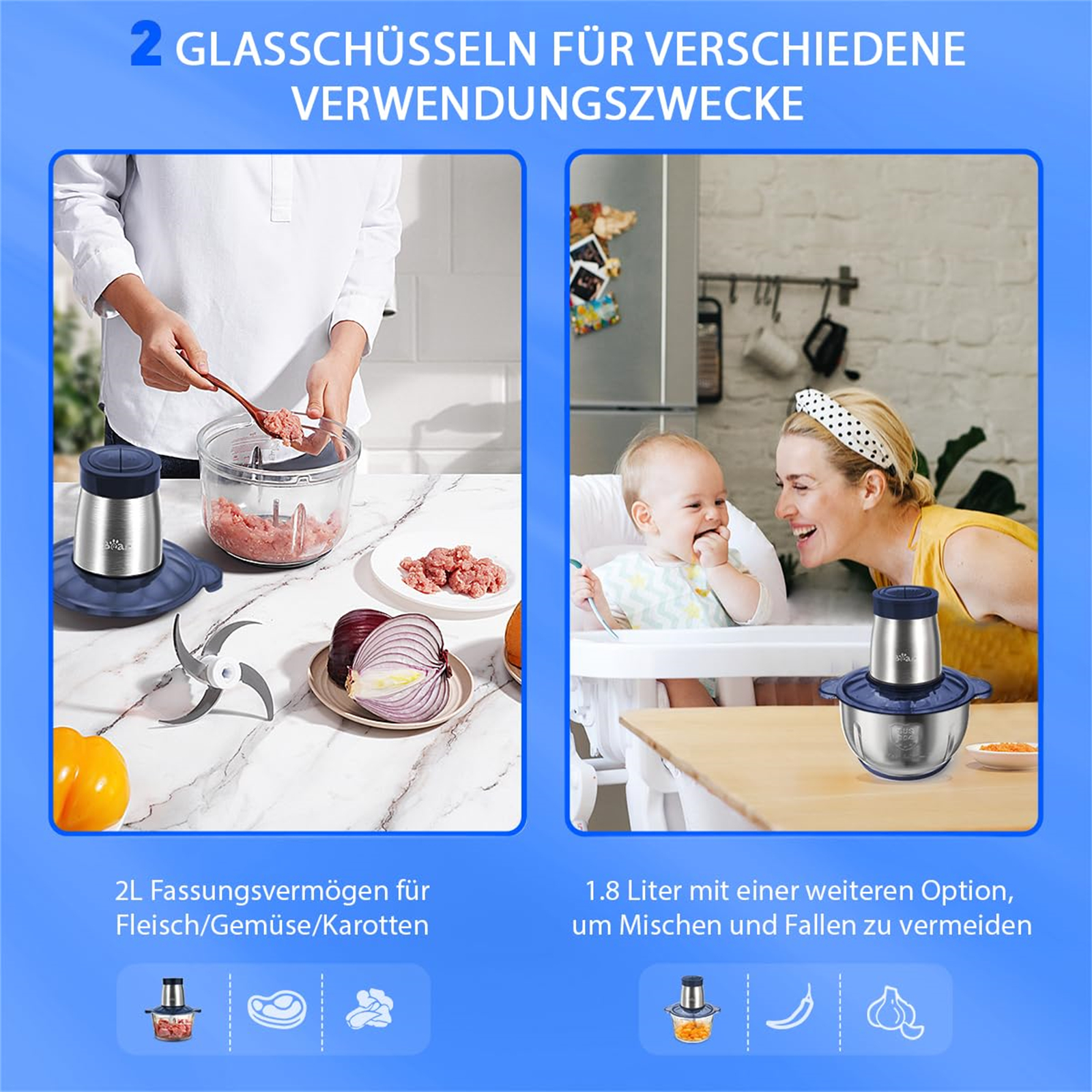 Zwei Bilder eines in Gebrauch befindlichen Foodprozessors, mit Baby und Frau.
