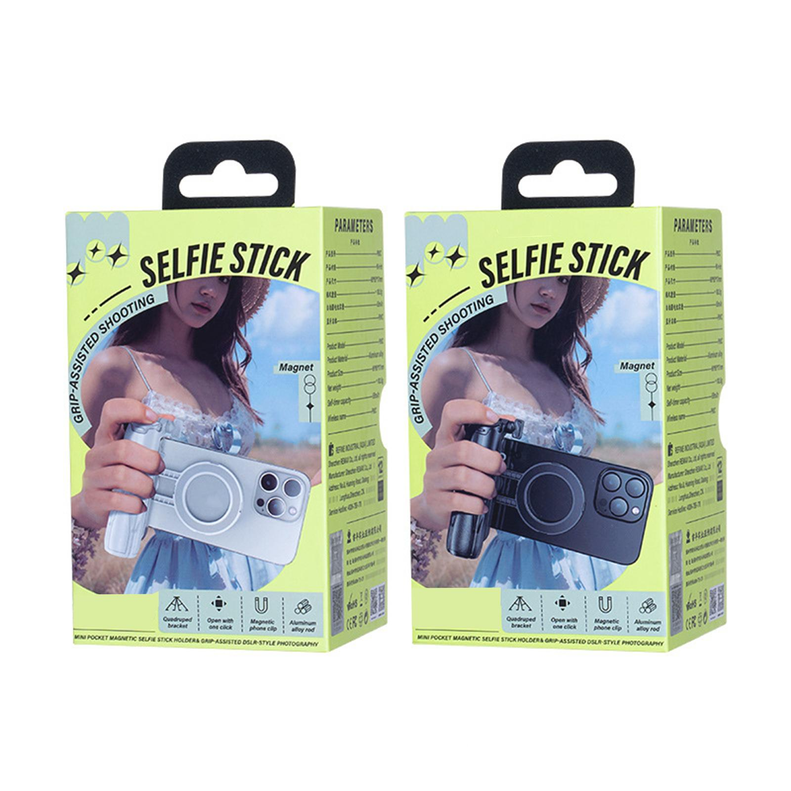 Zwei Schachteln mit Selfie-Sticks, die jeweils eine Frau zeigen, die das Produkt benutzt.