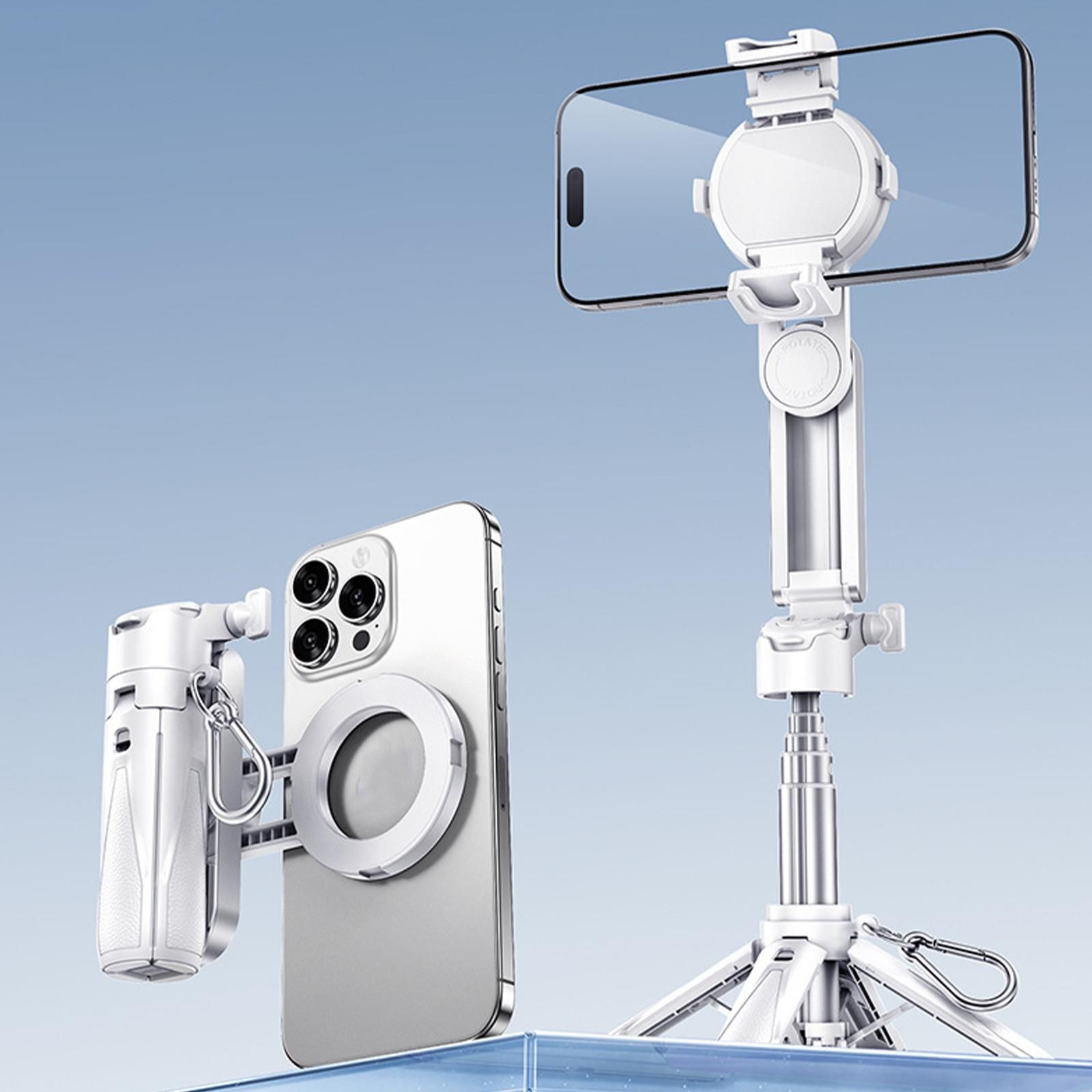 Ein weißes Telefon und ein weißer Selfie-Stick-Halter auf einem Stativ, mit blauem Hintergrund.
