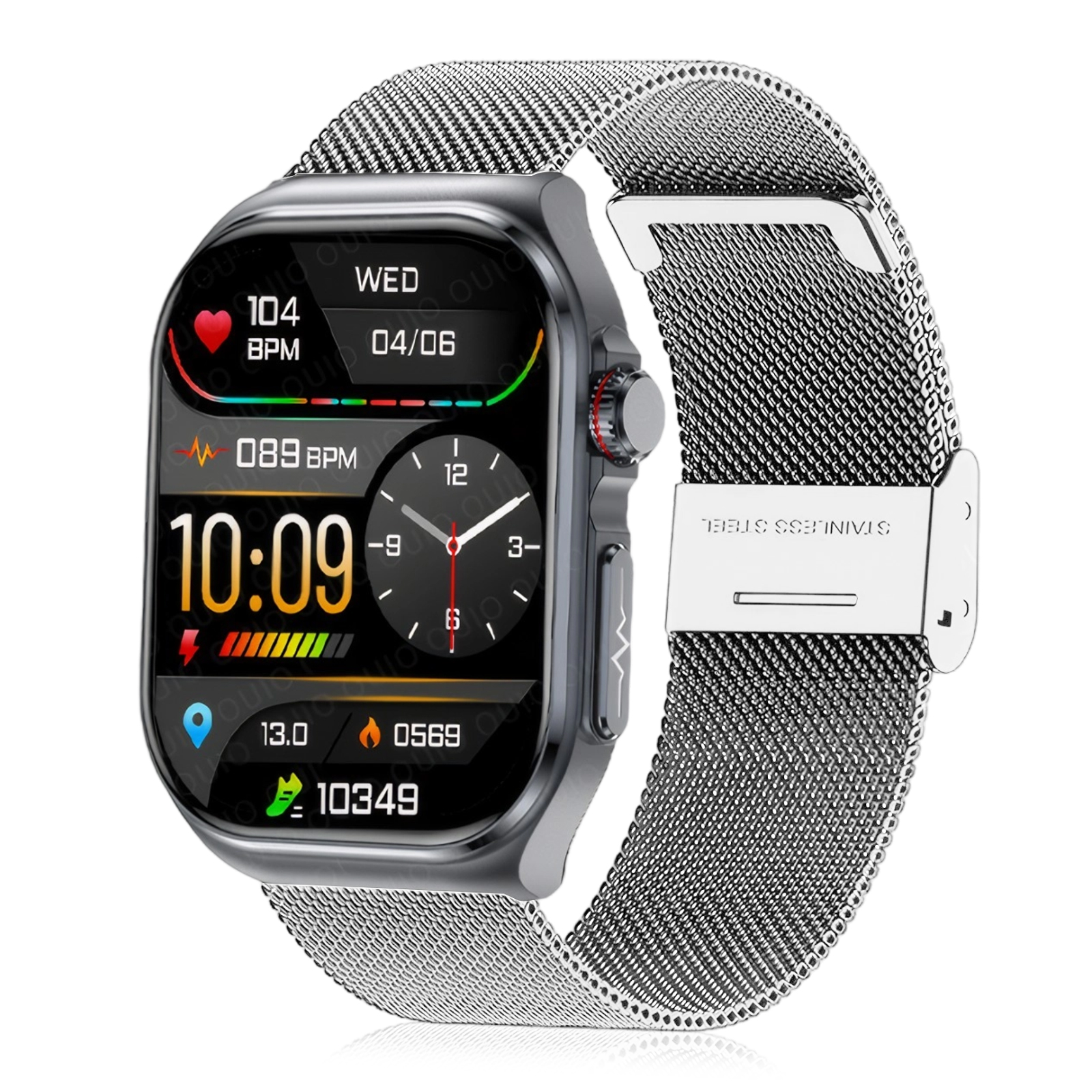 Eine Smartwatch, die Zeit, Herzfrequenz, Datum und andere Gesundheitsmetriken anzeigt.
