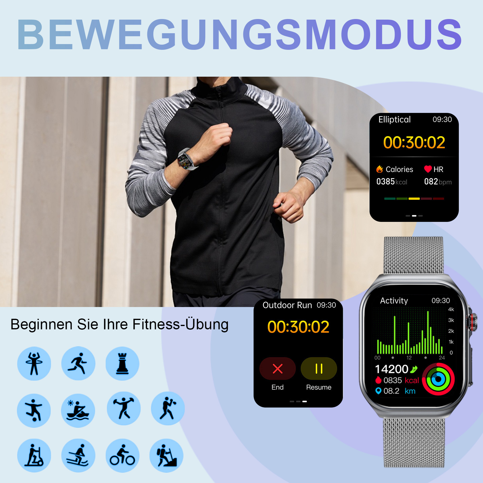 Fitnessdaten auf einer Smartwatch, mit Aktivitätsmodi und einer laufenden Person.
