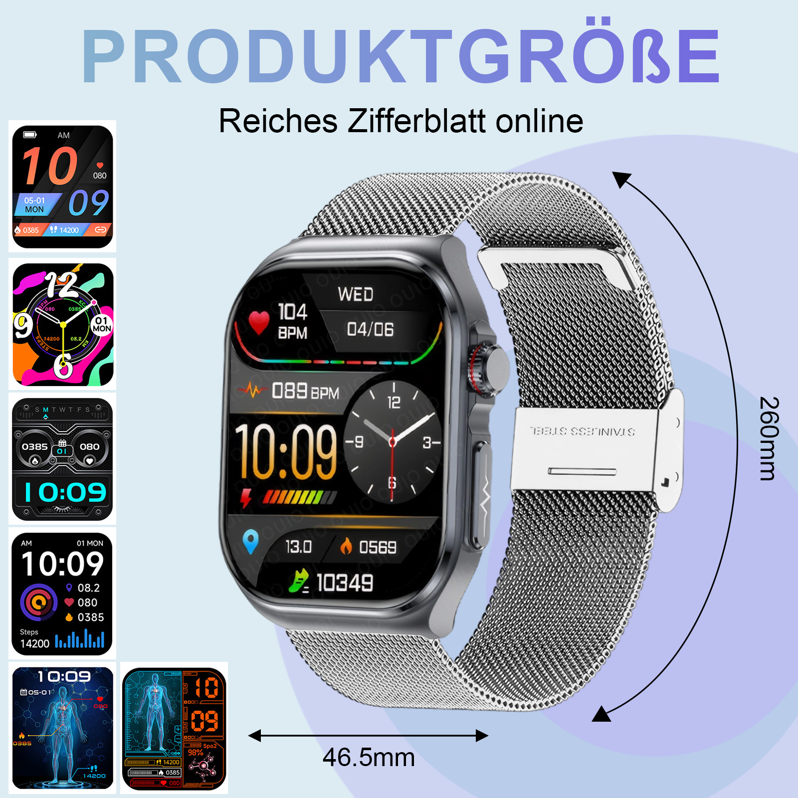 Smartwatch mit verschiedenen Anzeigeoptionen und Maßangaben.