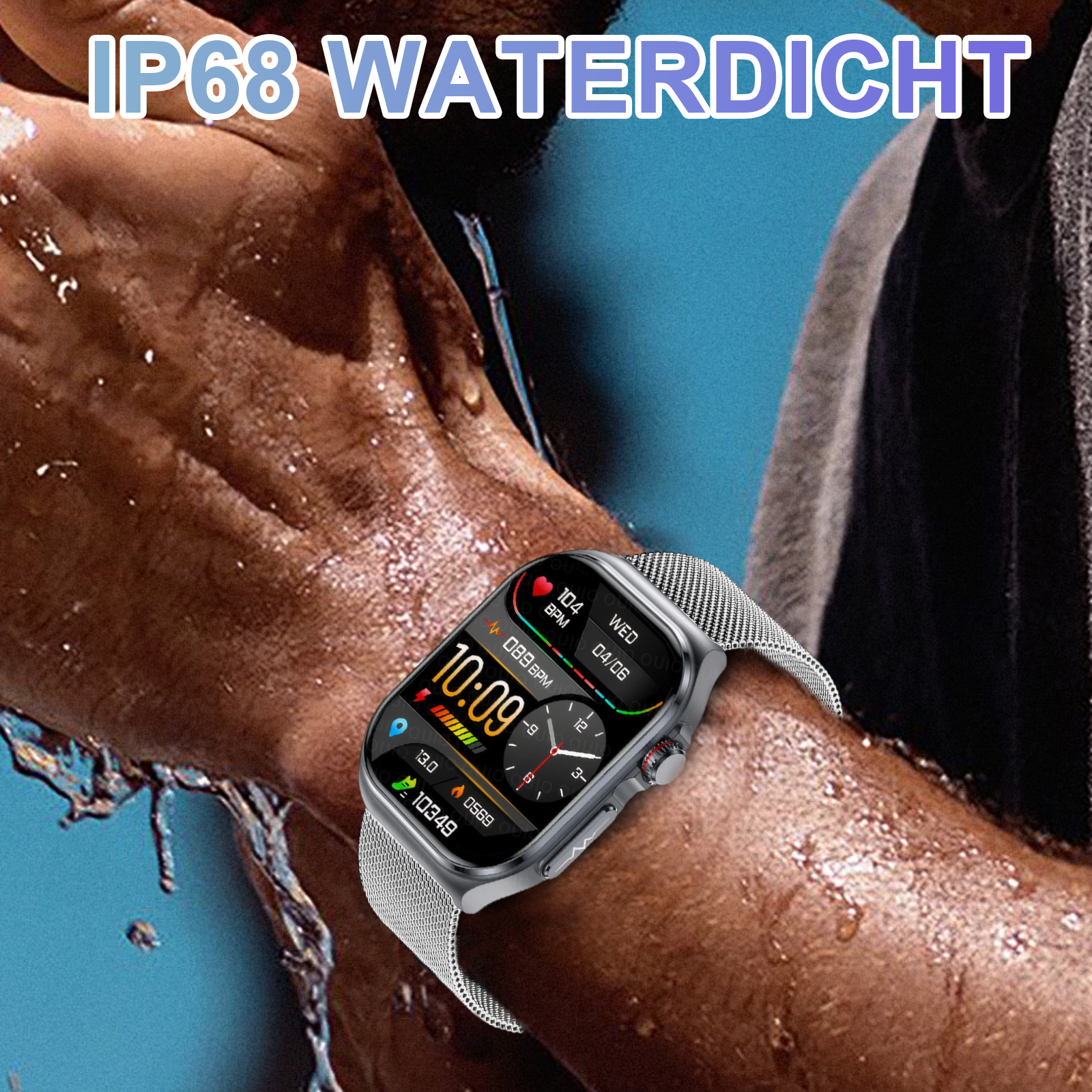 Smartwatch am Handgelenk, der Gesundheitsdaten anzeigt, in Kontakt mit Wasser.