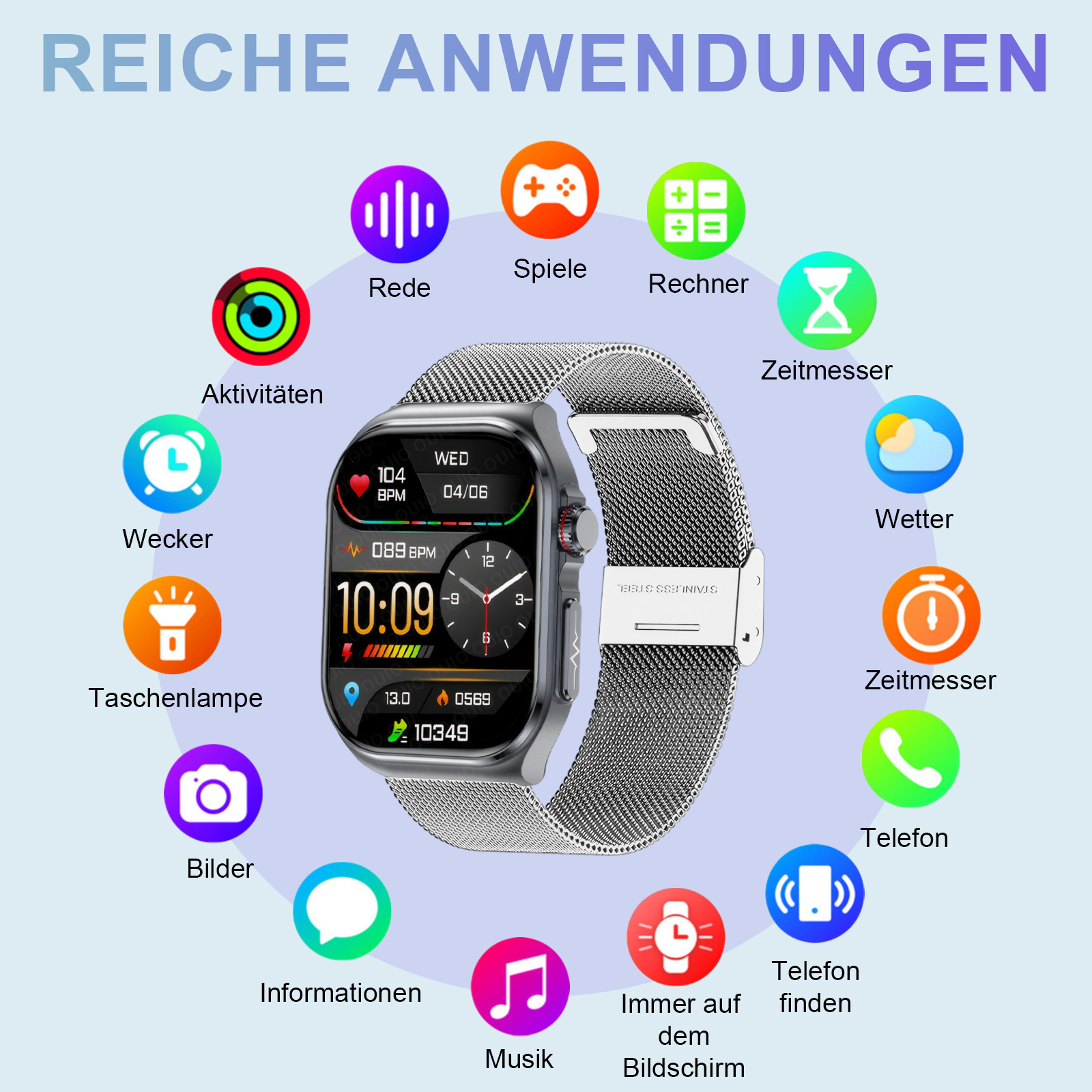 Eine Smartwatch, die verschiedene verfügbare Anwendungen und Funktionen zeigt.
