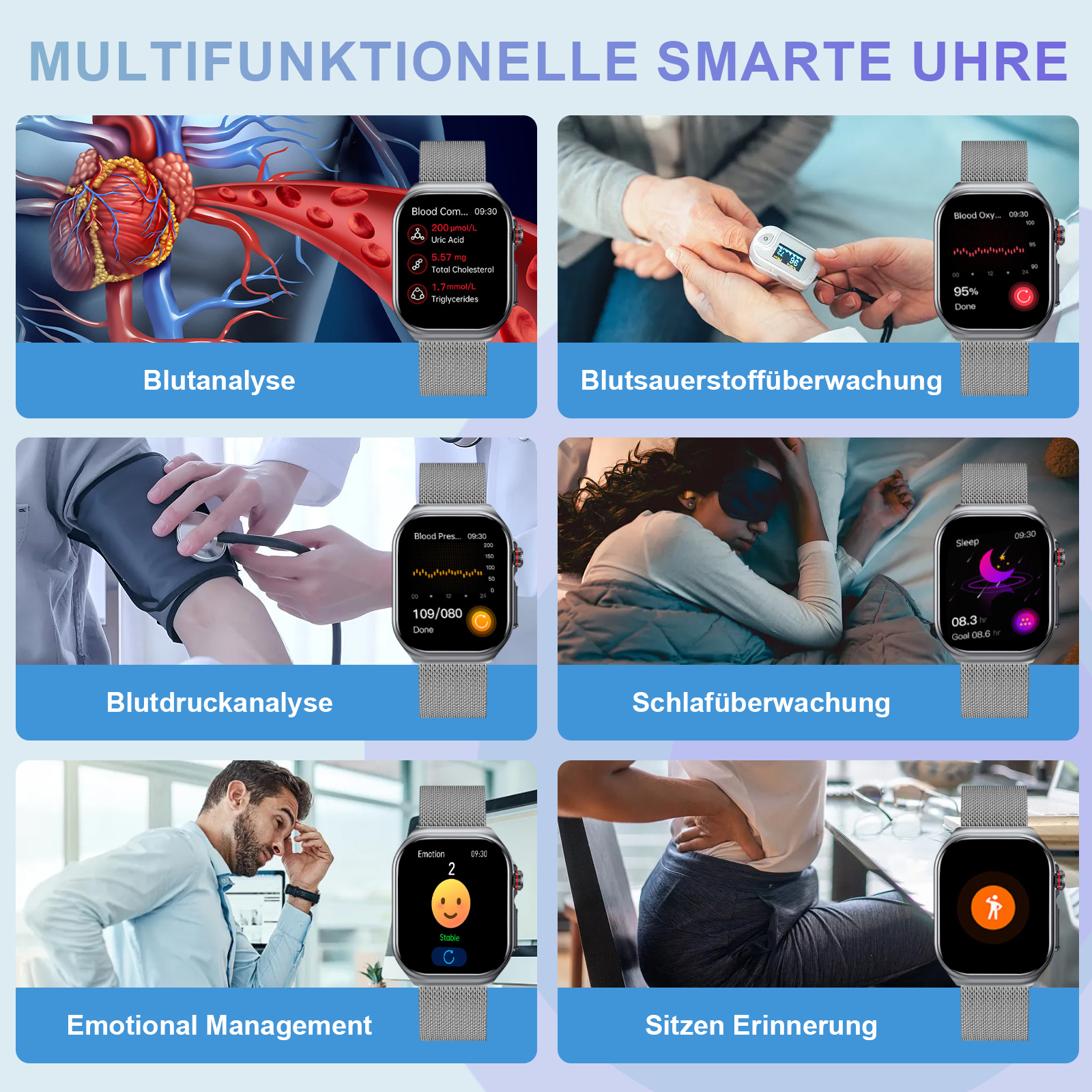 Smartwatch mit Gesundheitsüberwachungsfunktionen. Zeigt Blutanalyse, Blutsauerstoff, Blutdruck und Schlafdaten an.
