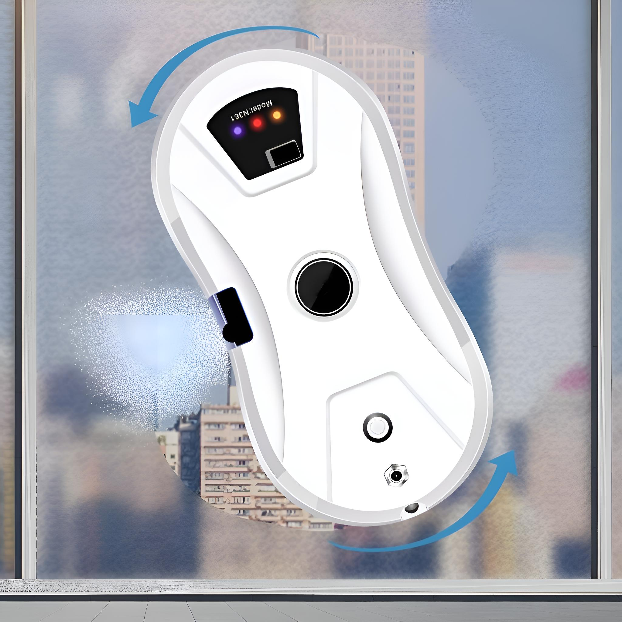 Ein weißer Fensterputzroboter reinigt ein Fenster. Blaue Pfeile zeigen den Reinigungsweg. Stadtgebäude im Hintergrund.