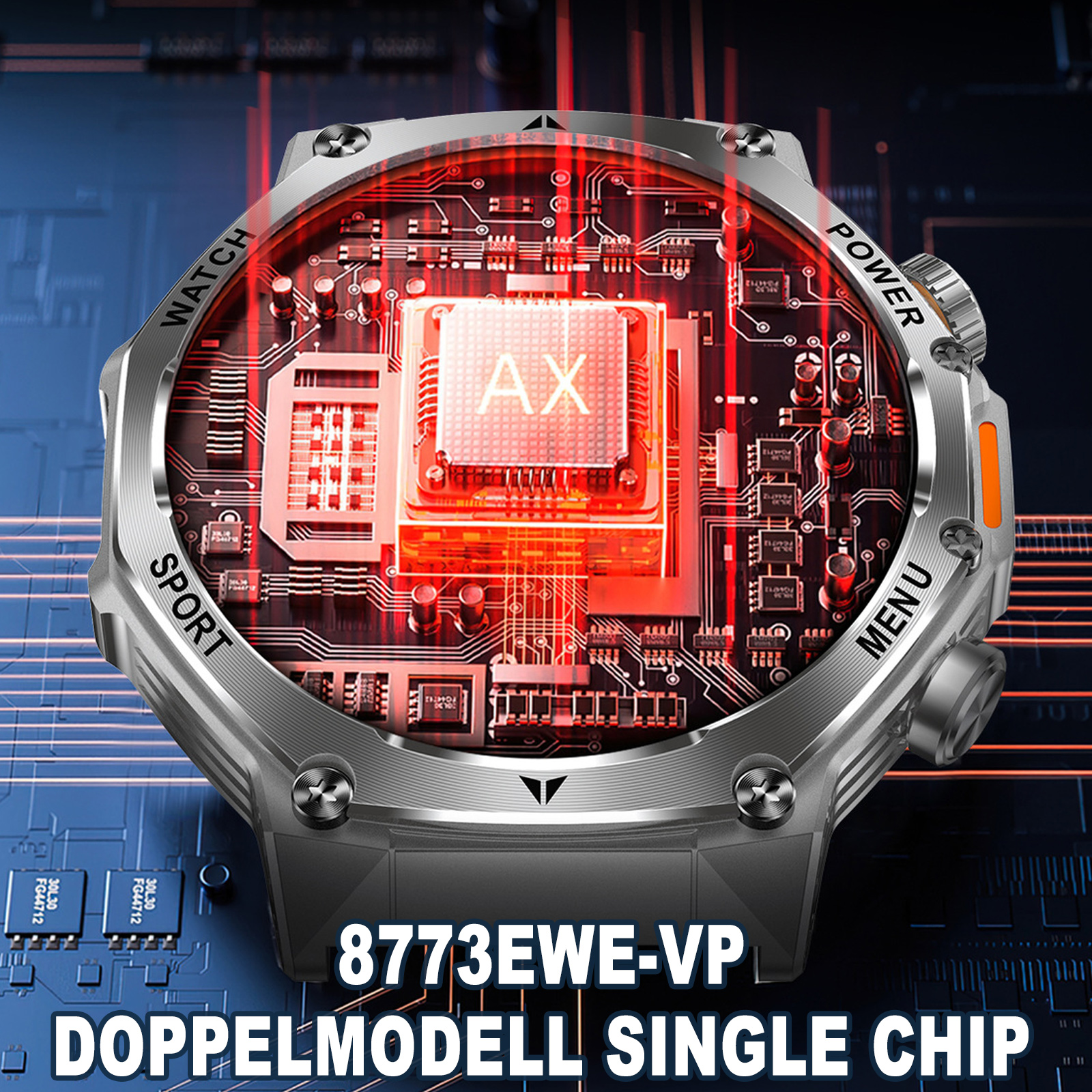 Eine silberne Smartwatch, die die internen Komponenten zeigt. Der Text lautet "DOPPELMODELL SINGLE CHIP".