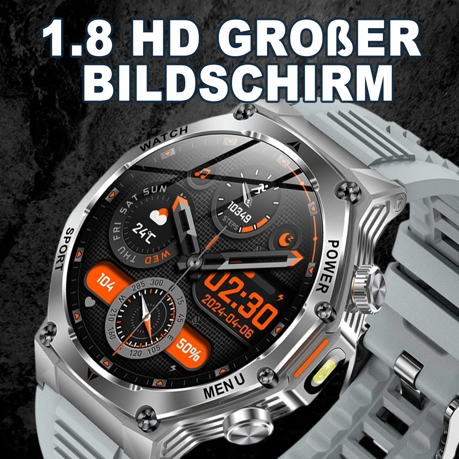 Eine Smartwatch mit großem Bildschirm, Anzeige von Zeit, Schritten und anderen Gesundheitsmetriken, mit silbernem Armband.