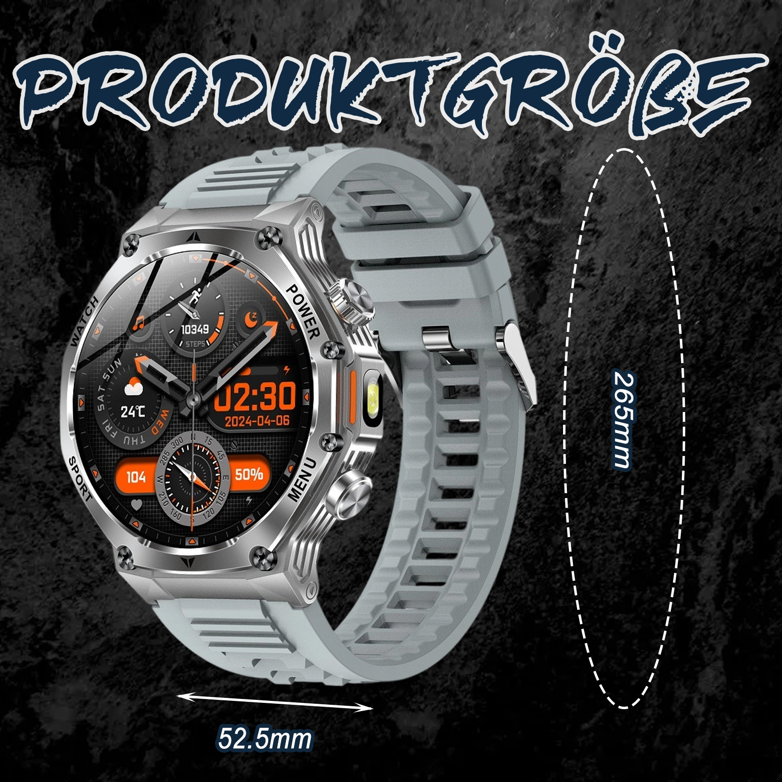 Eine silberne Smartwatch mit grauem Armband. Die Uhr zeigt die Produktgröße auf dem Bildschirm.