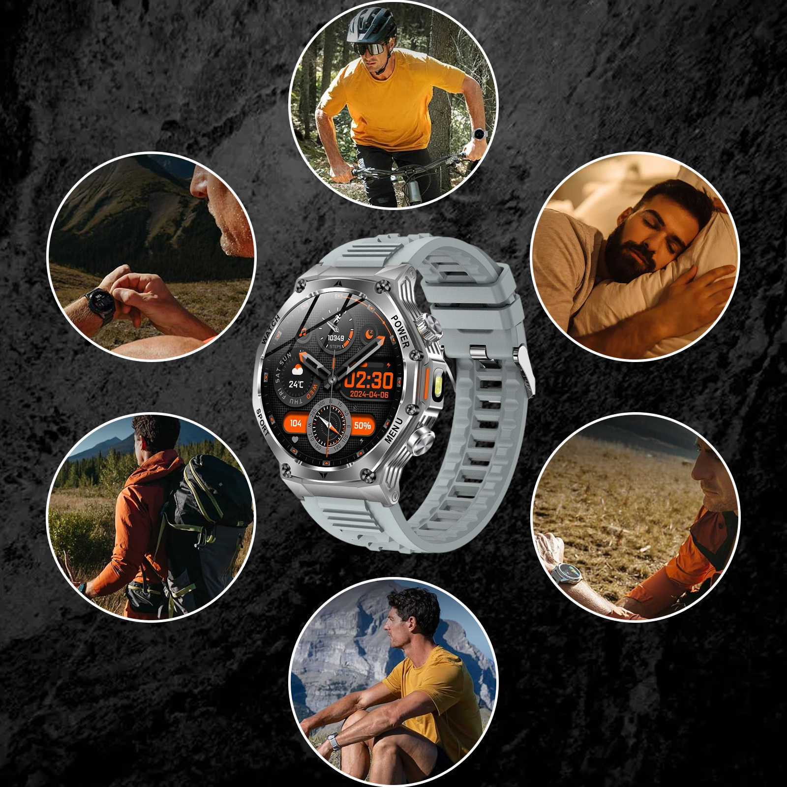 Eine Smartwatch, umgeben von Bildern von Aktivitäten: Radfahren, Wandern, Schlafen, Laufen und mehr.