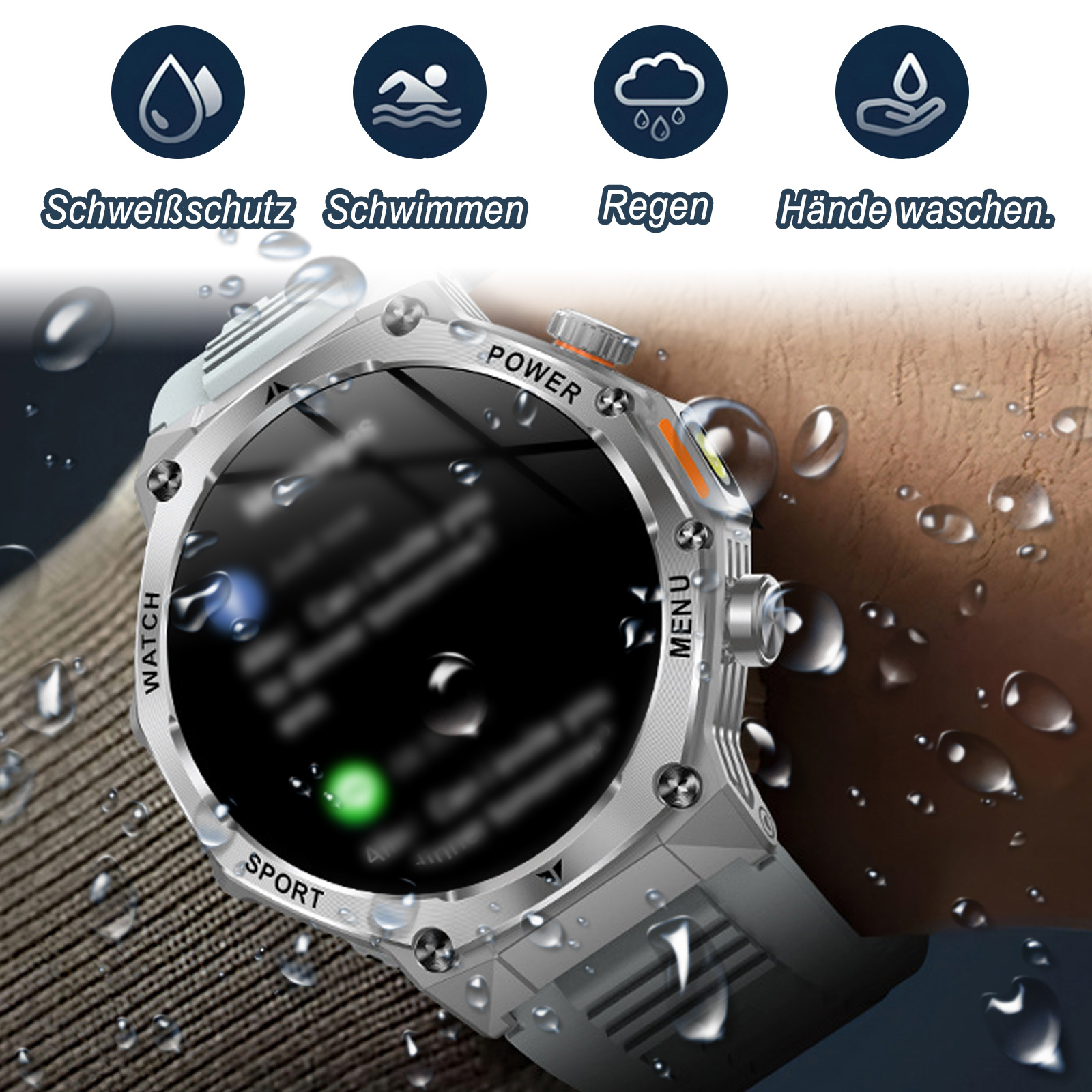 Eine Smartwatch am Handgelenk im Regen mit Wassertropfen. Symbole zeigen Wasserbeständigkeit.