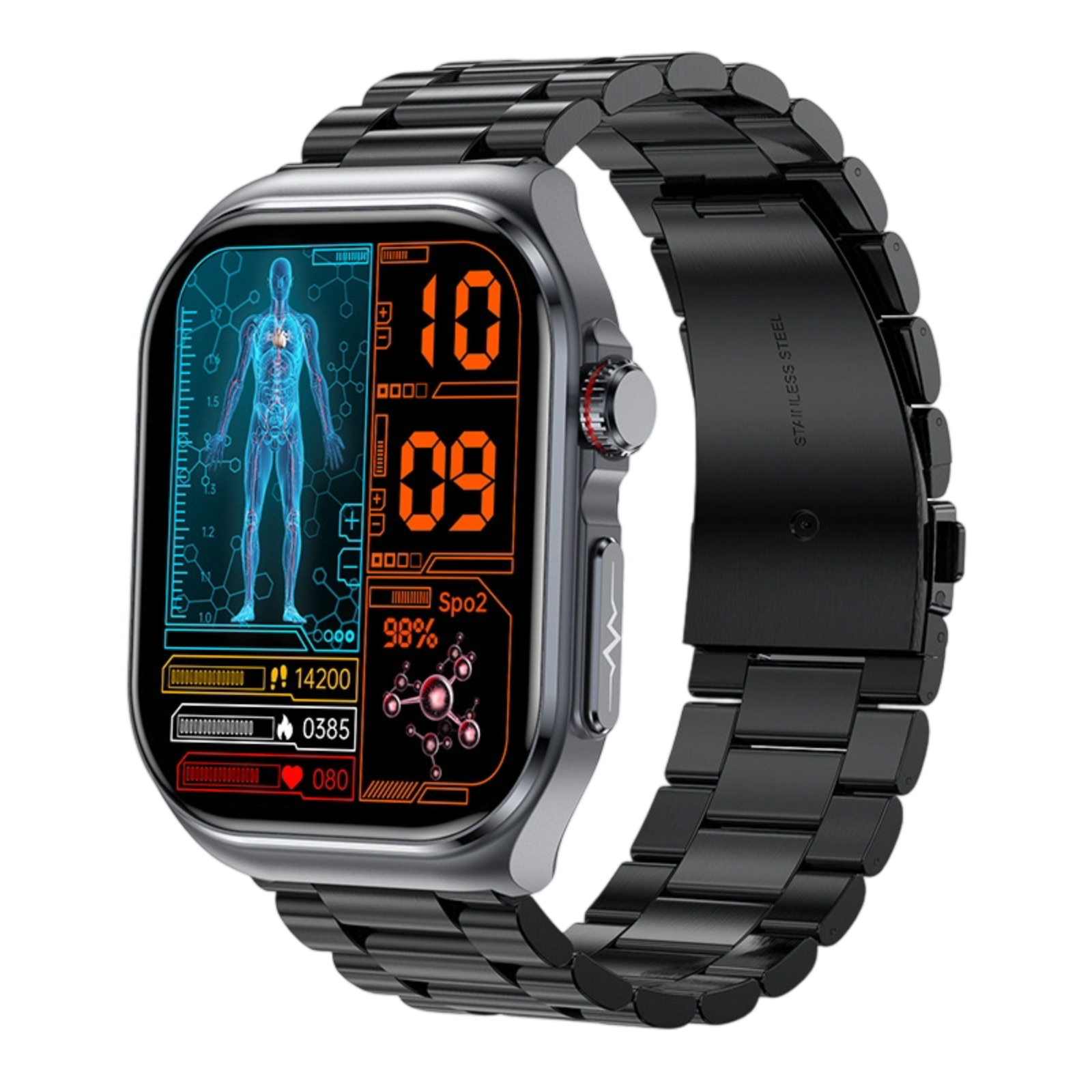 Nahaufnahme einer Smartwatch. Das Display zeigt Gesundheitsdaten und Zeit, mit einem schwarzen Metallband.