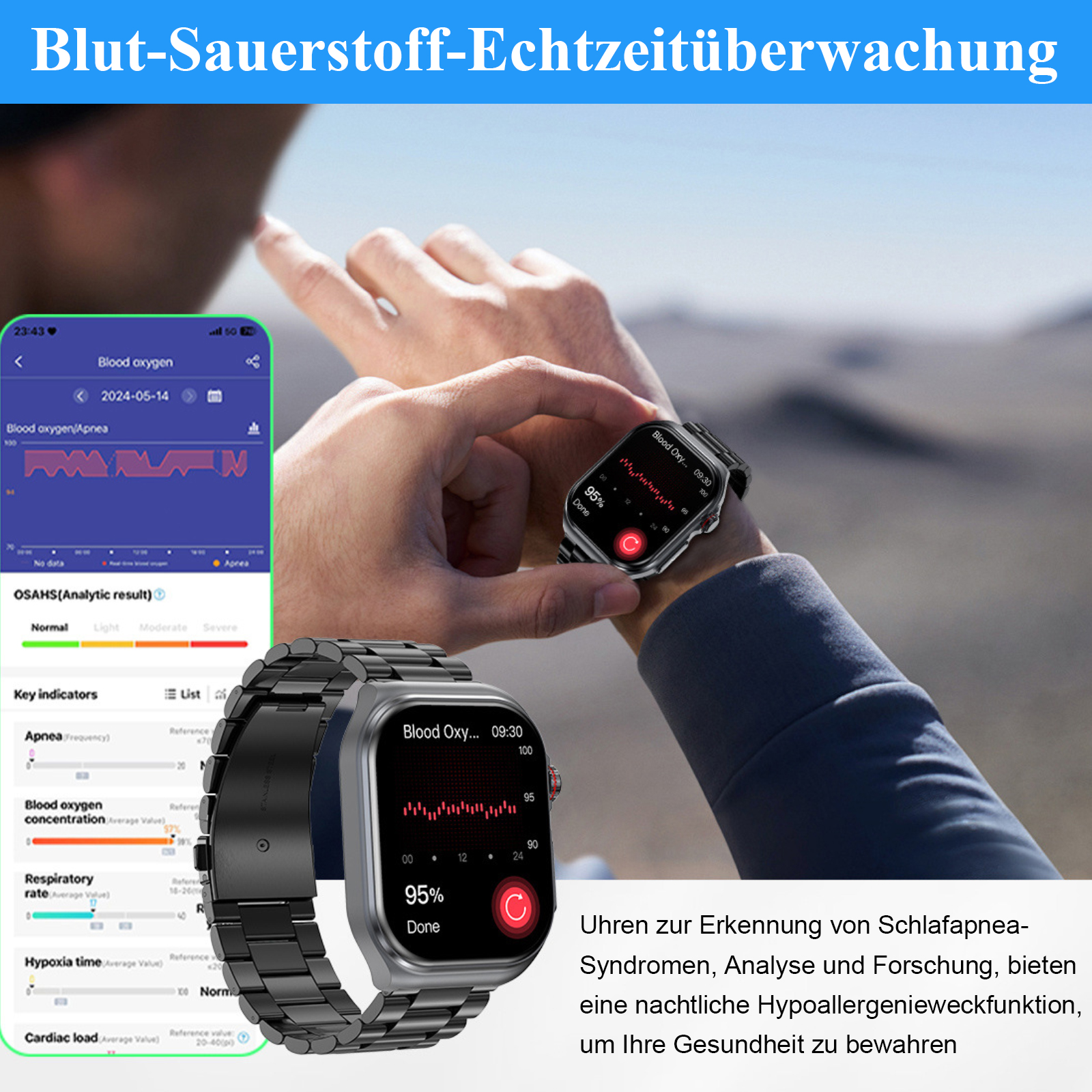 Eine Smartwatch zeigt Gesundheitsdaten und ein Telefon zeigt den Blutsauerstoffgehalt. Beide an einem Handgelenk.