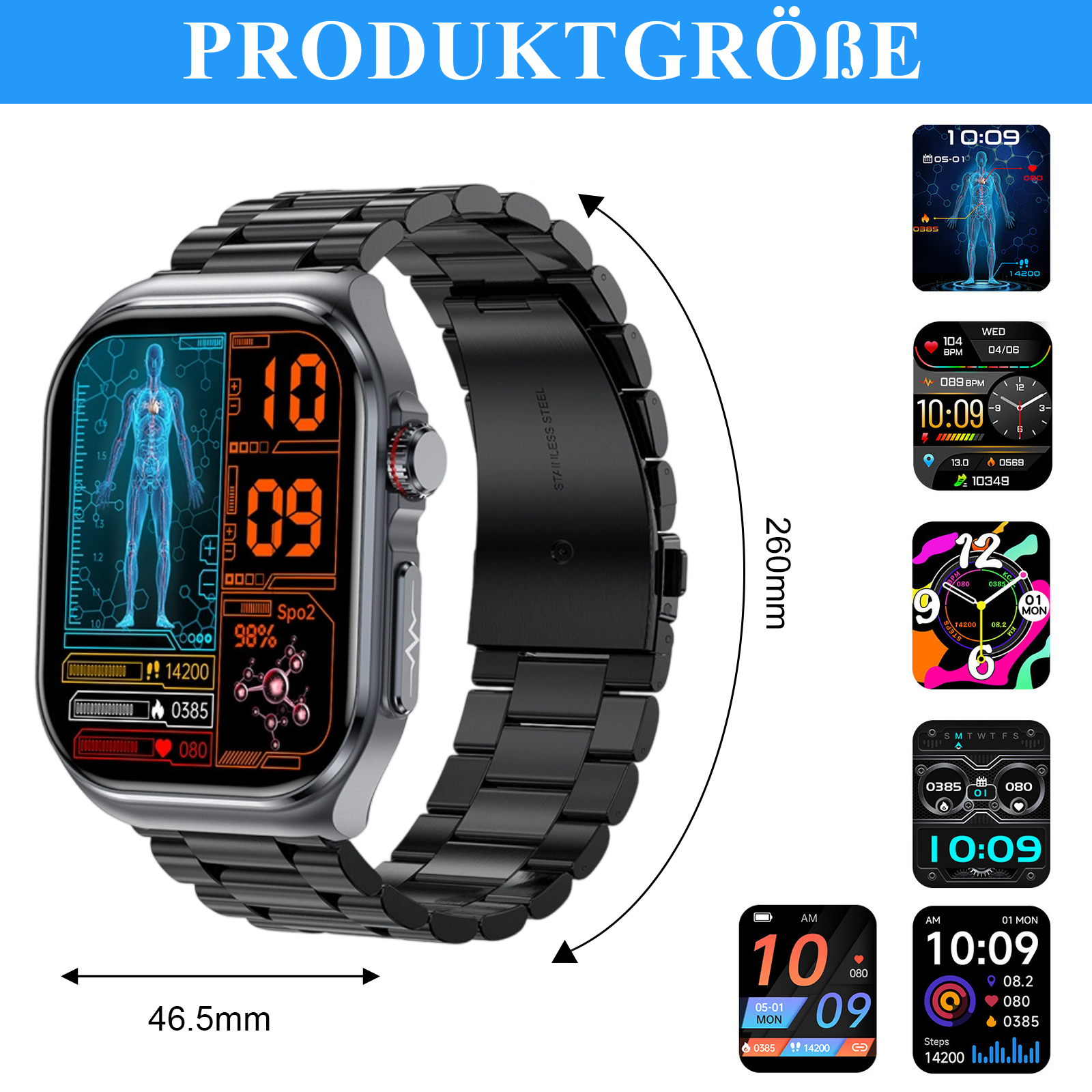 Eine Smartwatch mit schwarzem Armband und großem Display. Abmessungen sind in mm angegeben.