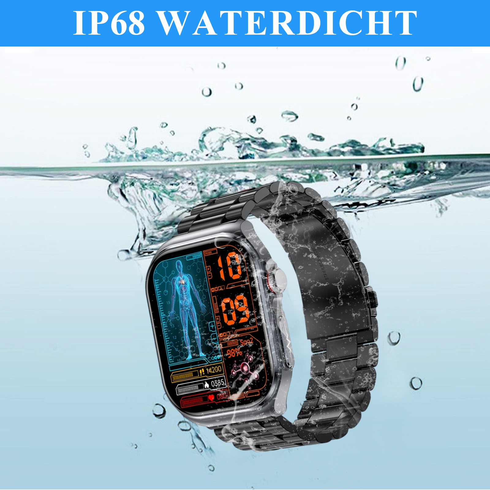 Eine Smartwatch unter Wasser. Das Display zeigt Gesundheitsmetriken und Zeit an.