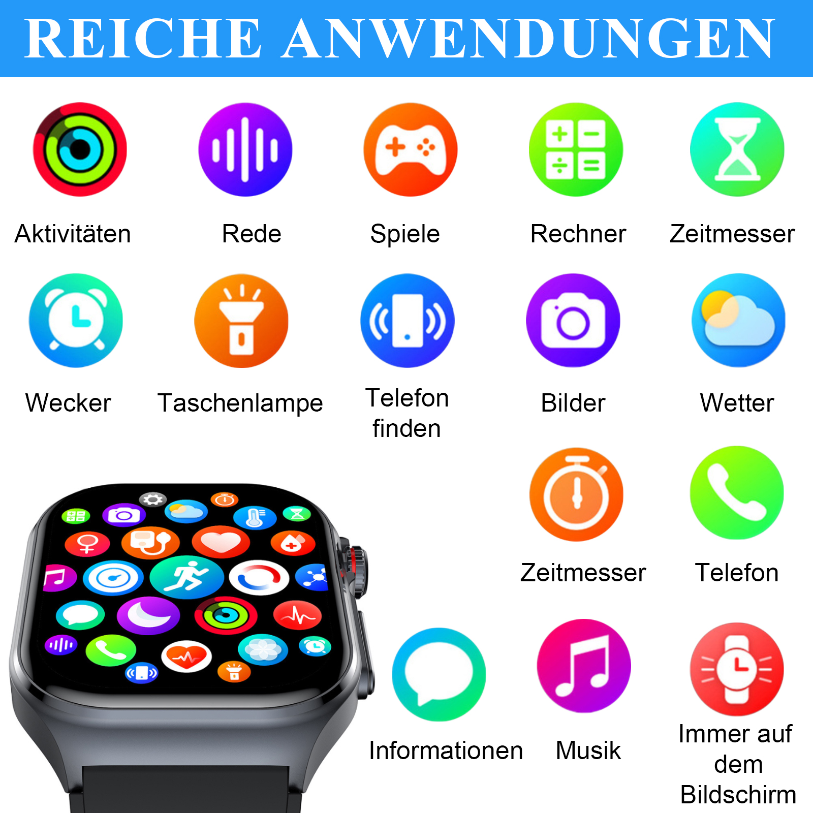 Smartwatch mit Symbolen, die verschiedene Apps darstellen: Aktivität, Musik, Spiele, Wetter und mehr.