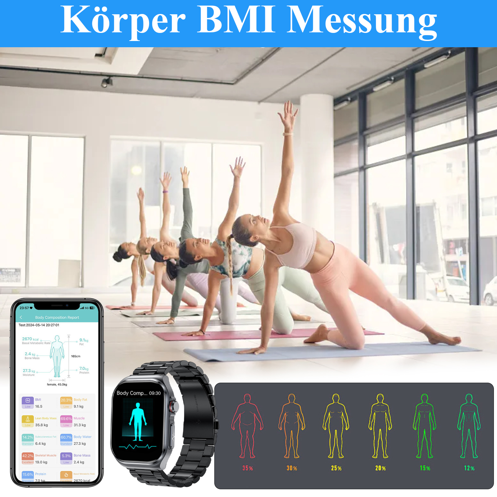 Menschen machen Yoga mit einer Smartwatch und einem Telefon. Das Telefon zeigt den Körperzusammensetzungsbericht an.