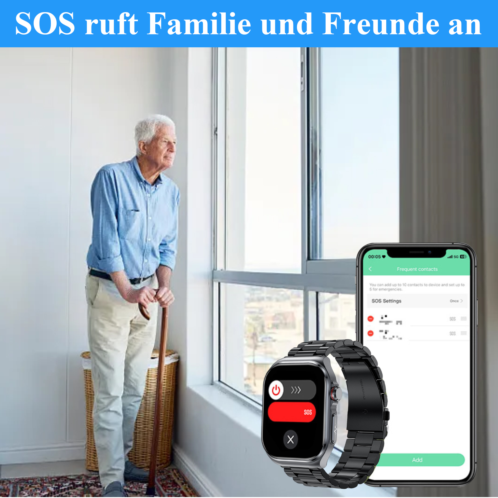 Ein älterer Mann mit Stock und Smartwatch schaut aus dem Fenster, daneben ein Telefon.