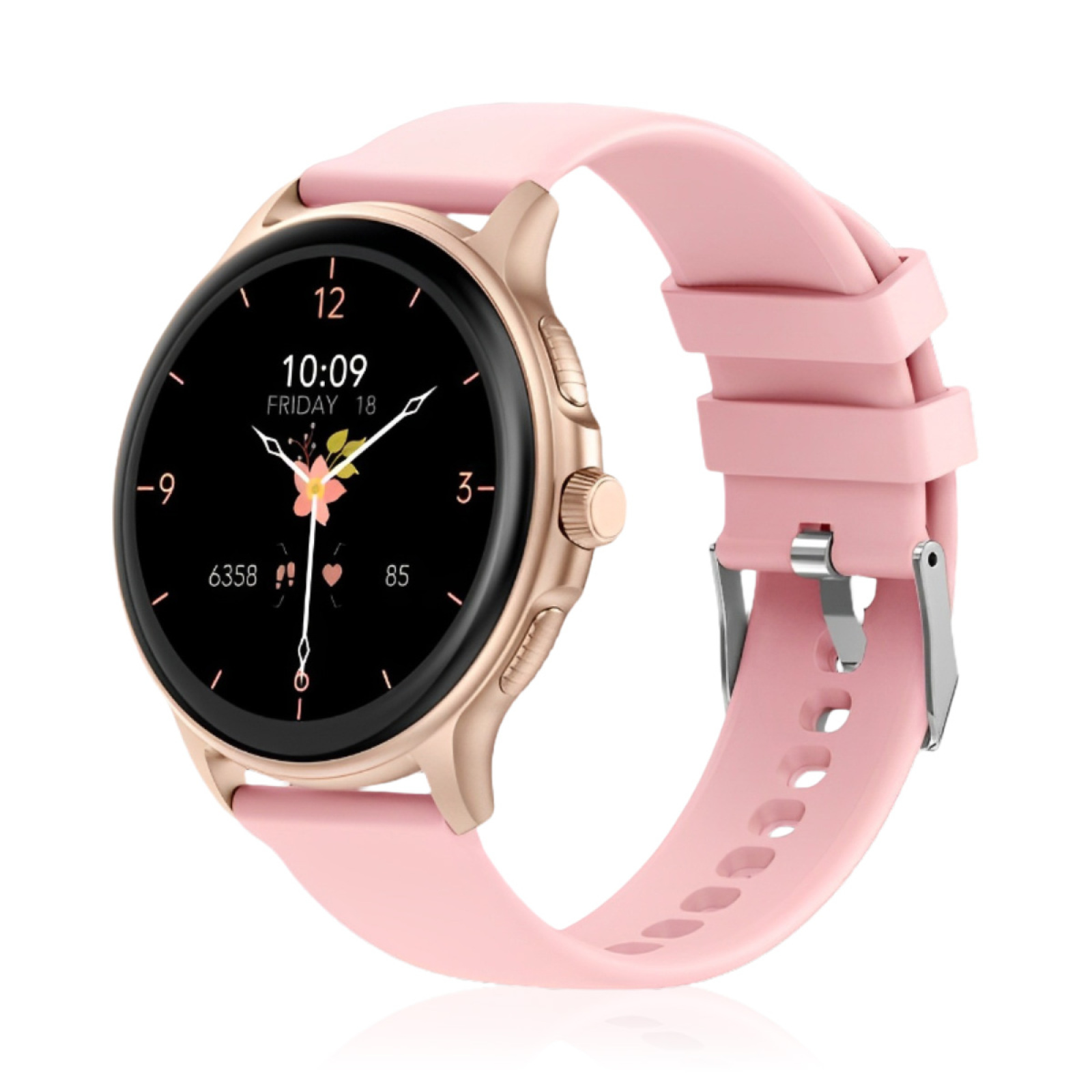 Eine rosa Smartwatch mit goldenem Gehäuse und rosa Armband auf weißer Oberfläche.