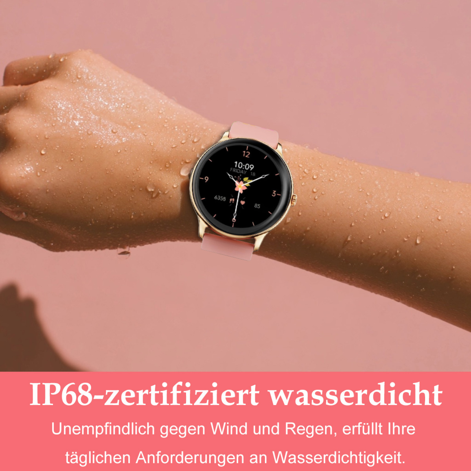 Eine Hand mit rosa Smartwatch und Wassertropfen auf rosa Hintergrund.