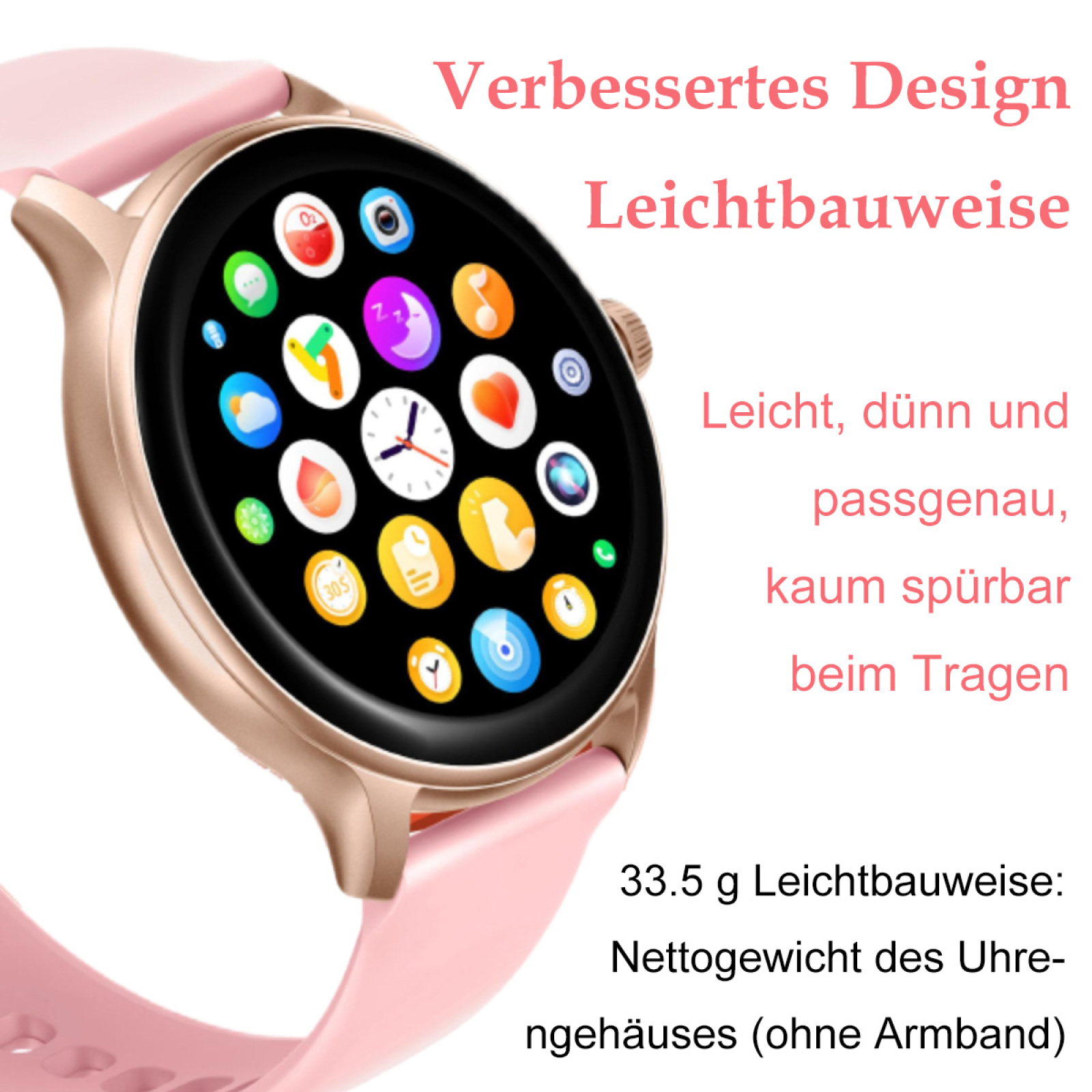 Nahaufnahme einer rosa Smartwatch mit rosa Armband. Die Uhr zeigt Symbole für Gesundheitsdaten an.