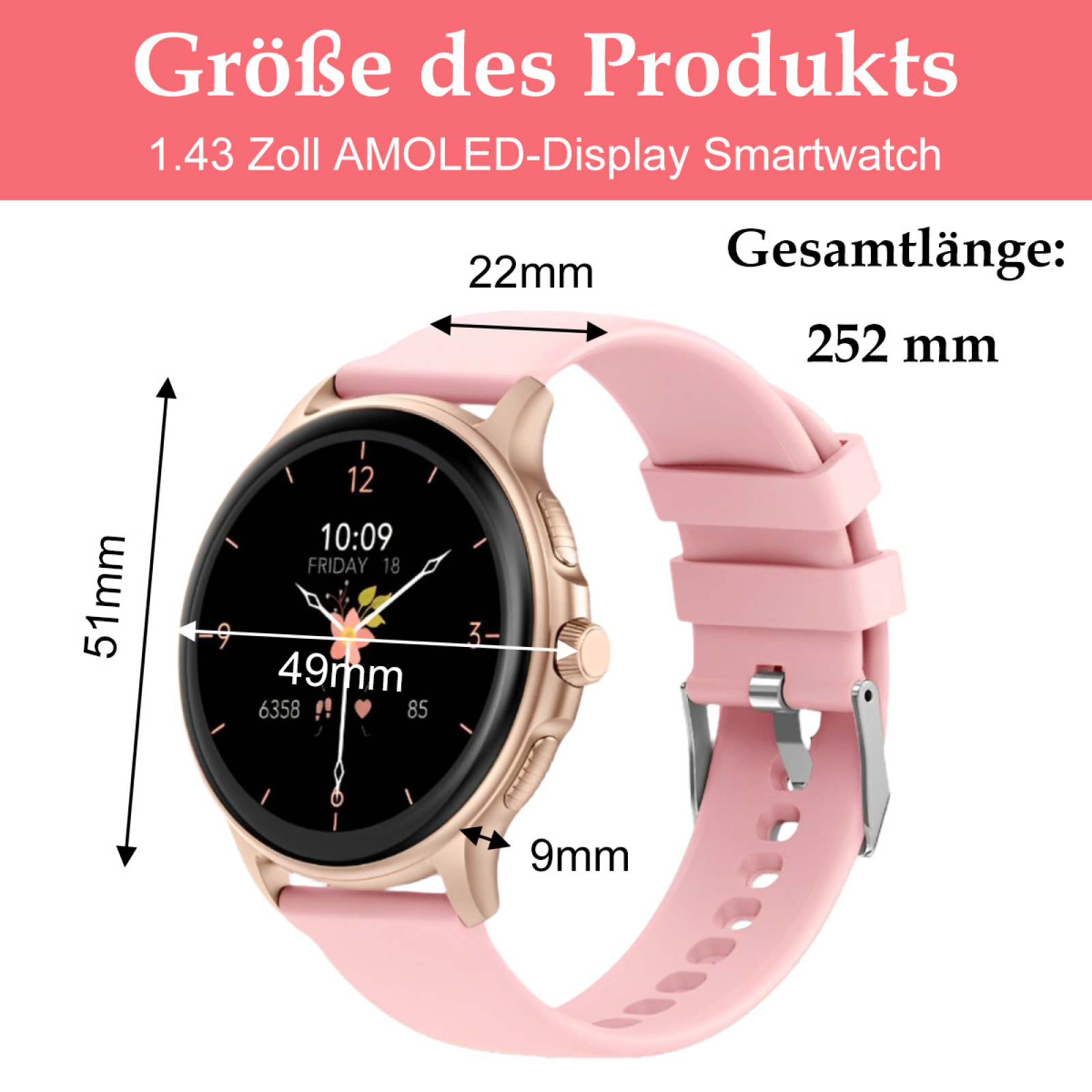 Eine rosa Smartwatch mit angezeigten Abmessungen. Sie hat ein rosa Armband und liegt auf einer weißen Oberfläche.