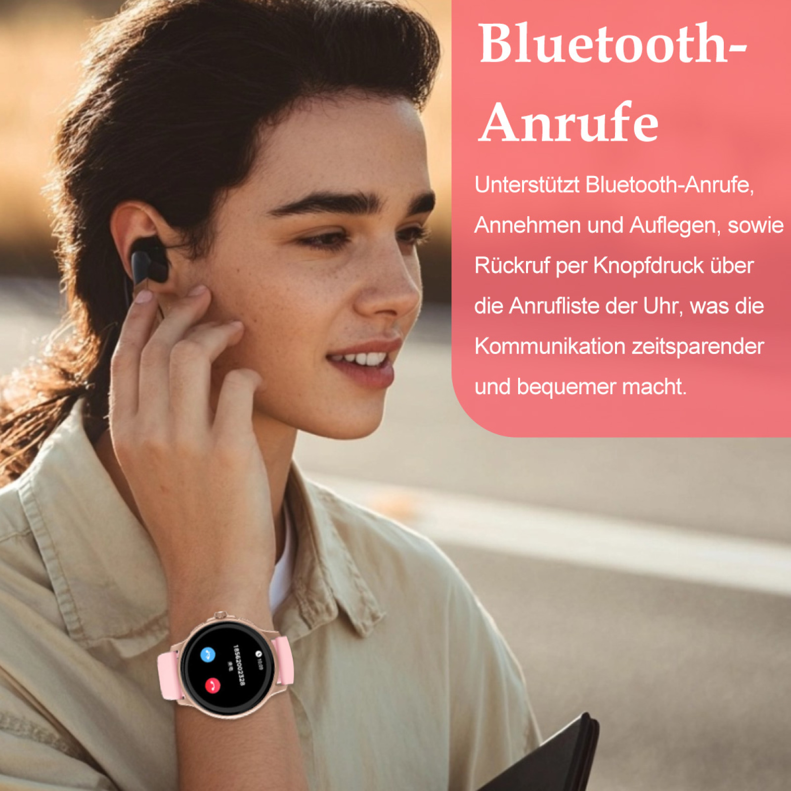Eine Frau benutzt Bluetooth-Kopfhörer und schaut auf eine rosa Smartwatch. Die Uhr hat ein rosa Armband.