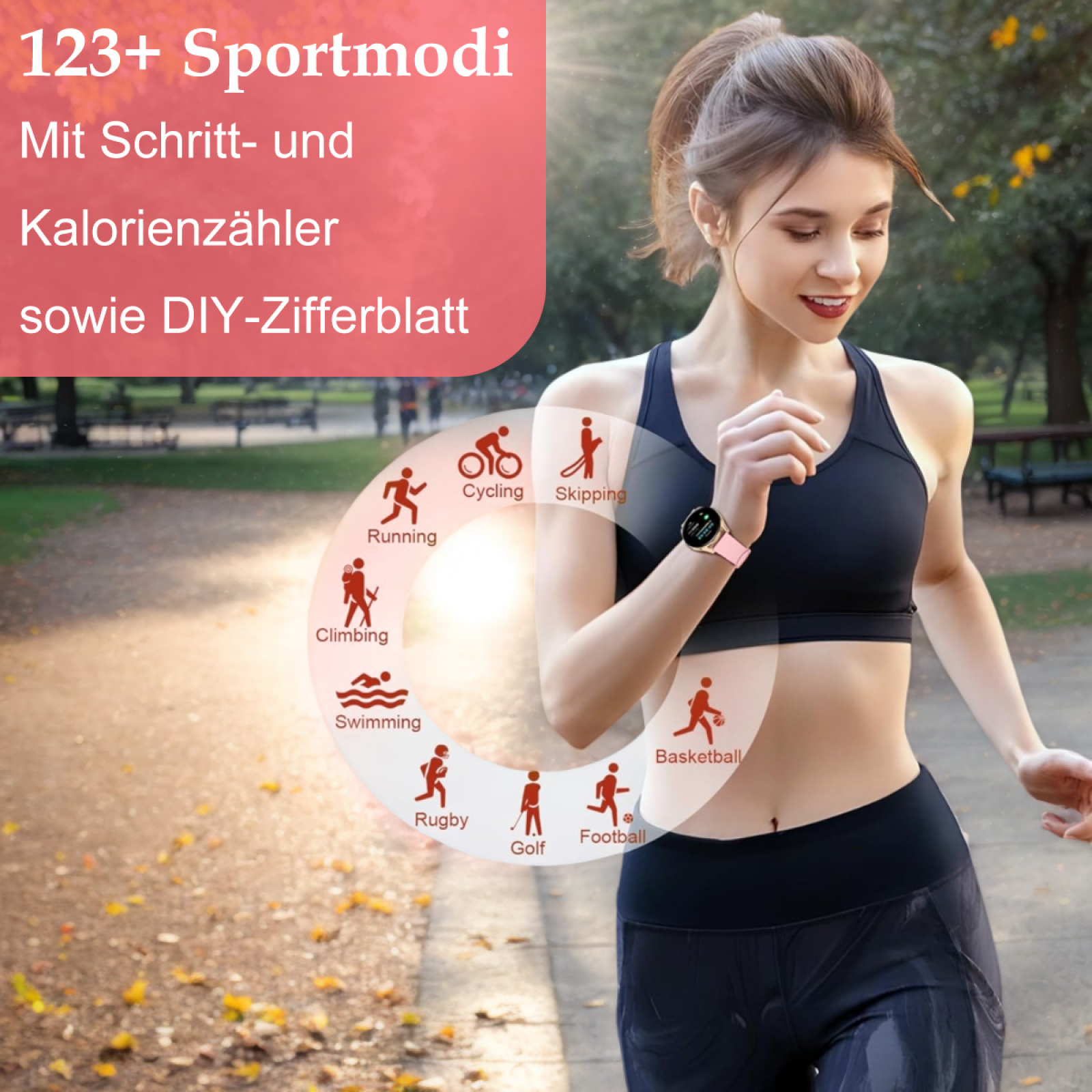 Eine Frau rennt mit rosa Smartwatch, verschiedene Sport-Icons im Hintergrund.