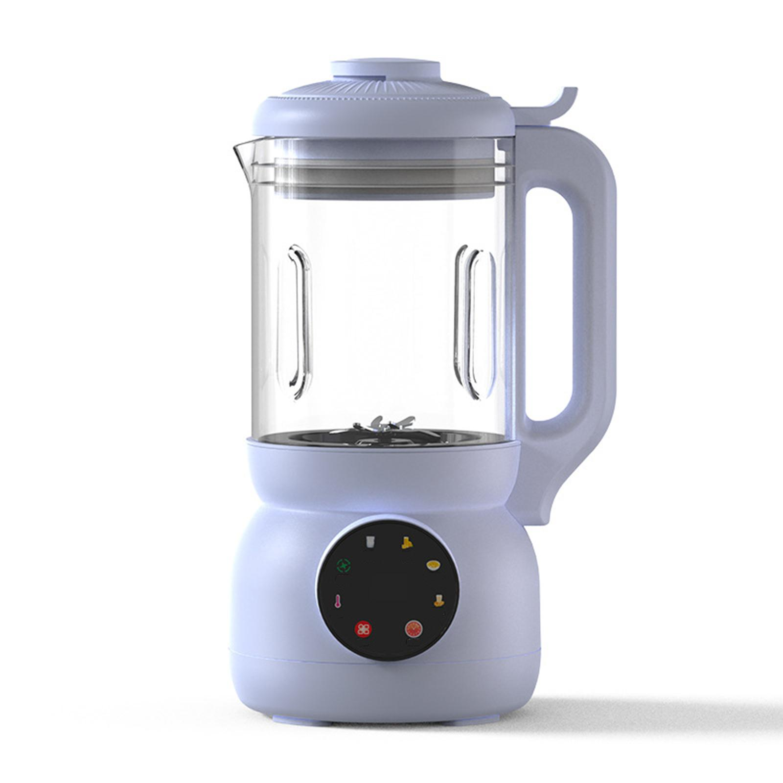 Ein weiß-blauer Mixer mit einem Glasbehälter und Knöpfen auf der Vorderseite.