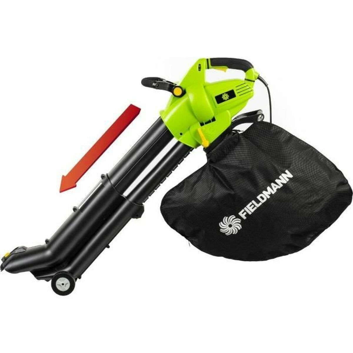 Grüner und schwarzer Laubbläser mit schwarzem Sammelsack. Roter Pfeil zeigt die Blasrichtung.