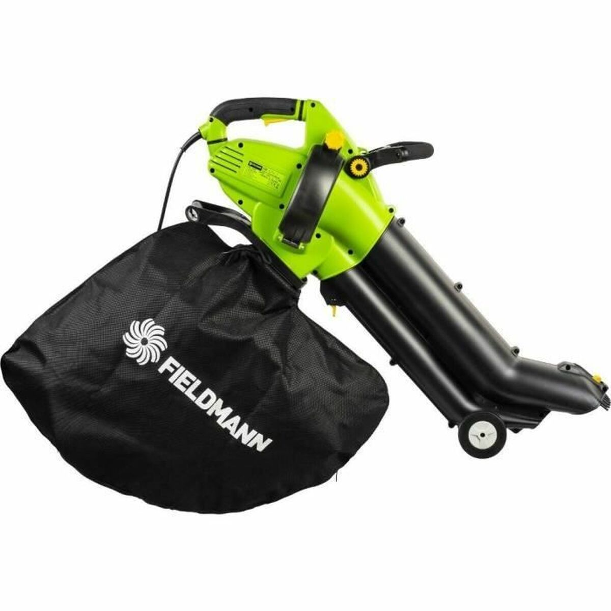 Grüner und schwarzer Laubbläser mit schwarzem Sammelsack. Weißer Hintergrund, der Bläser ist nach rechts abgewinkelt.