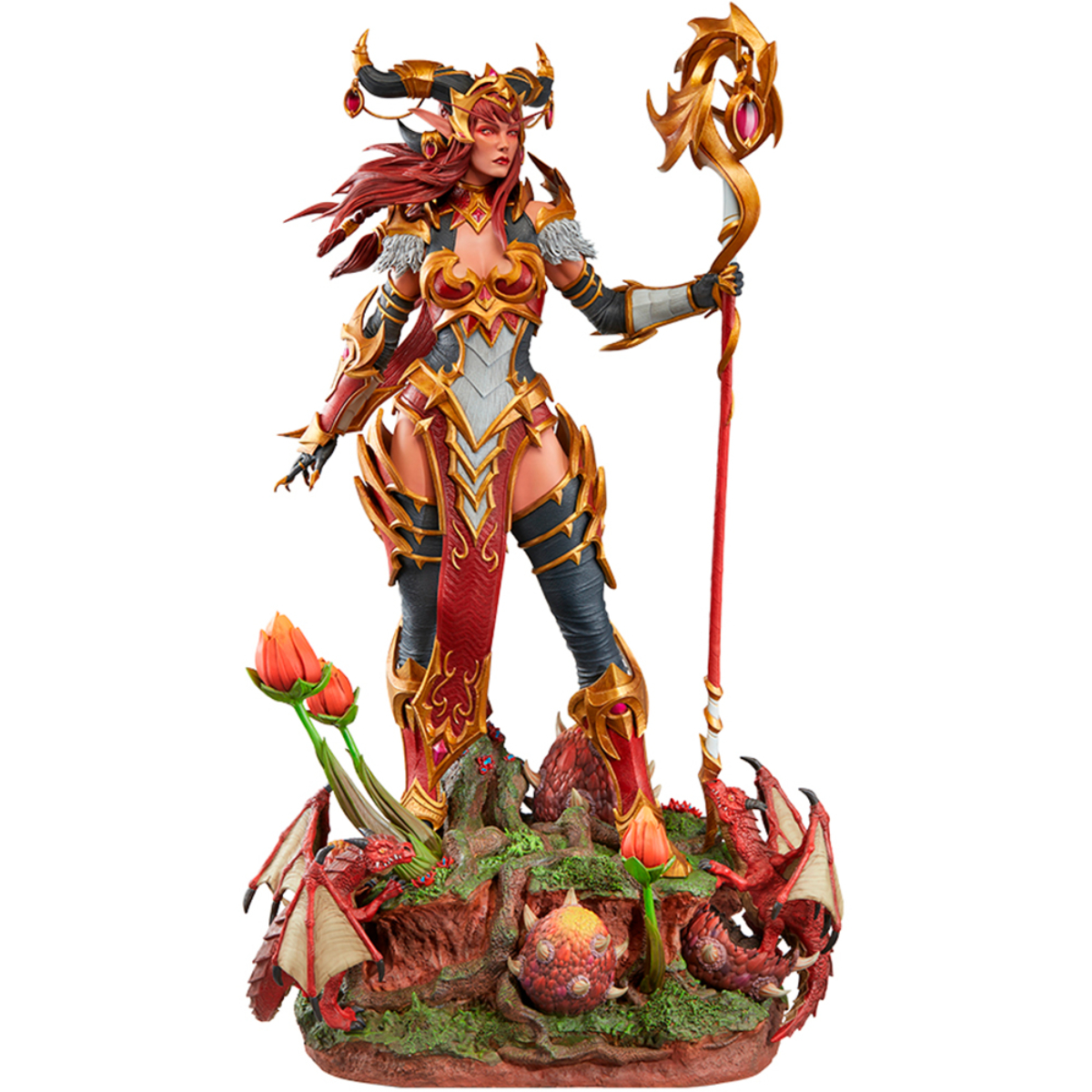 Statue einer weiblichen Fantasy-Figur mit roten Haaren, Rüstung und Stab. Sie steht auf einem felsigen Sockel mit Drachen.
