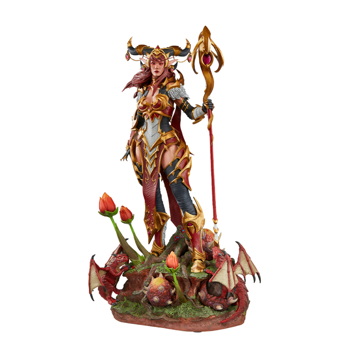 Statue einer weiblichen Fantasy-Figur mit roten Haaren, Rüstung und Stab. Sie steht auf einem felsigen Sockel mit Drachen.