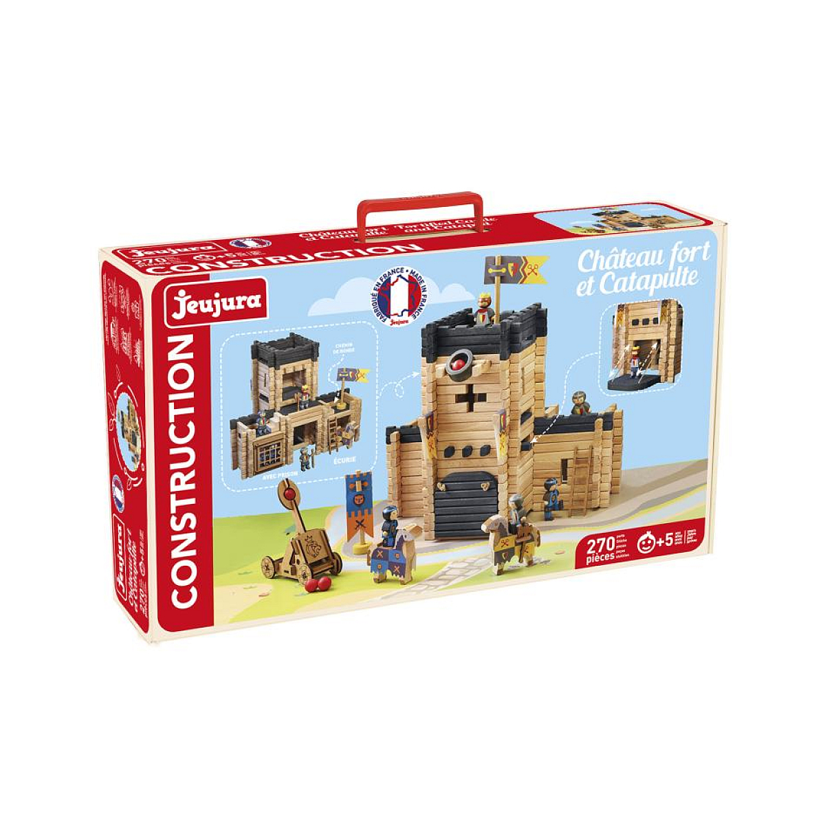 Scatola di cartone con un set di costruzioni di castelli. Include immagini di castelli, catapulta e figure.