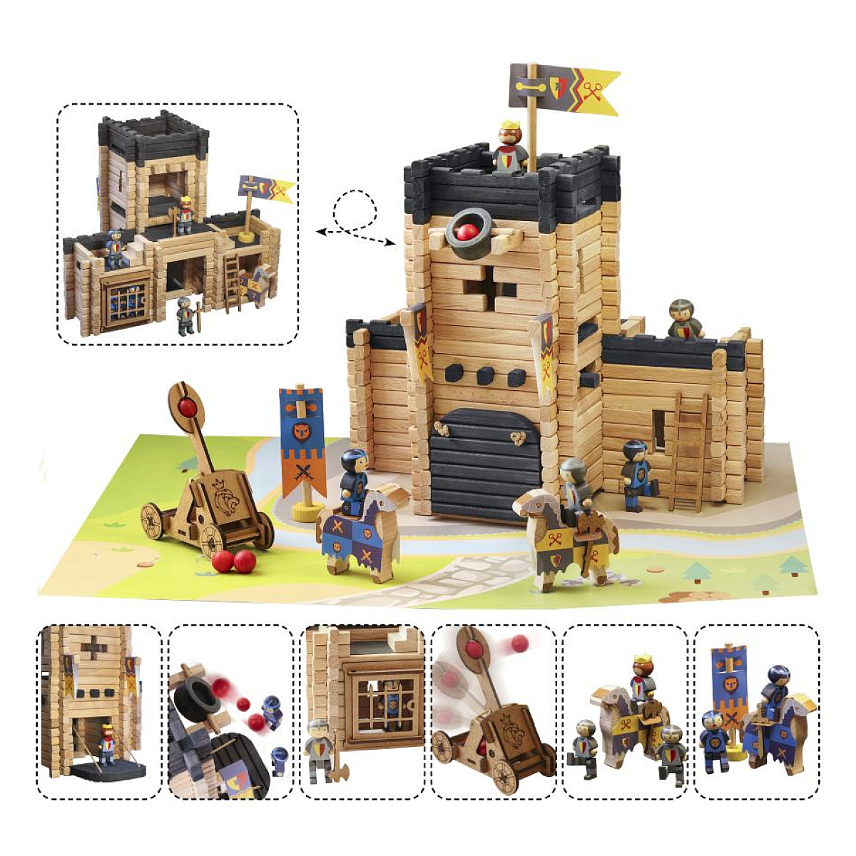 Set di castello giocattolo in legno con figure, cavalli e un trabucco, con immagini ravvicinate inserite.