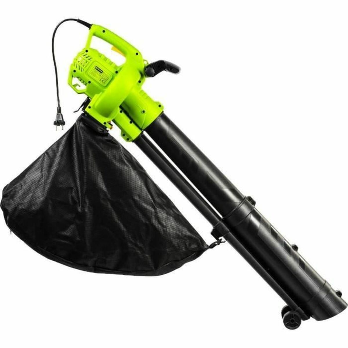 Grüner und schwarzer Laubbläser mit schwarzem Beutel und Netzkabel, Winkelansicht.