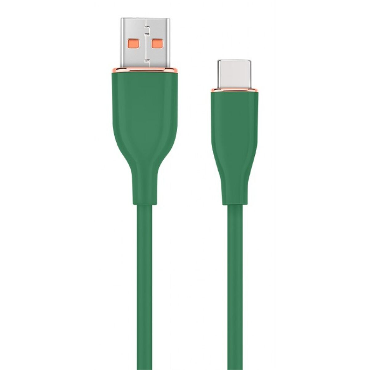 Groene USB naar USB-C kabel met goudkleurige accenten. Connectoren aan beide uiteinden zichtbaar.