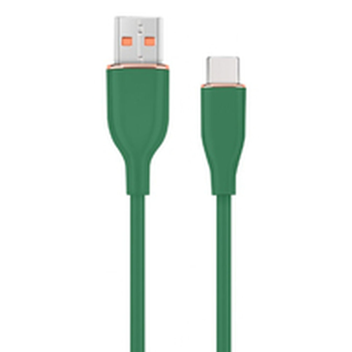 Groene USB naar USB-C kabel. USB-connector links, USB-C rechts. Gouden accenten.